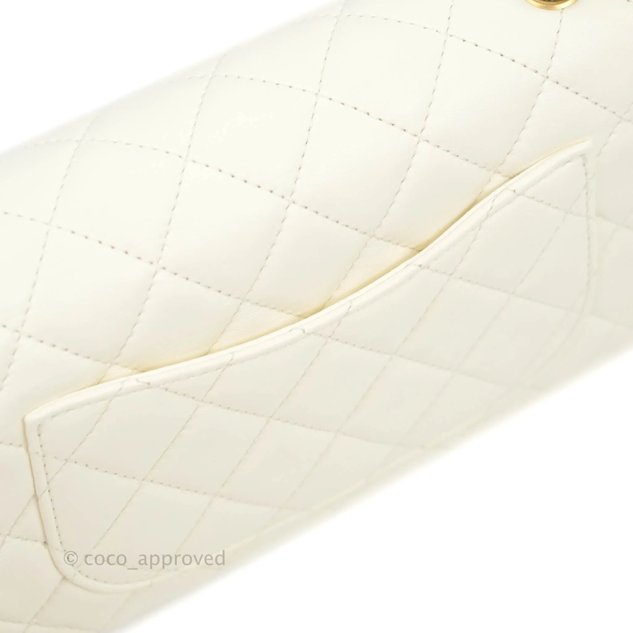 Chanel Mini Rectangular Pearl Crush Quilted White Lambskin Aged Gold Hardware