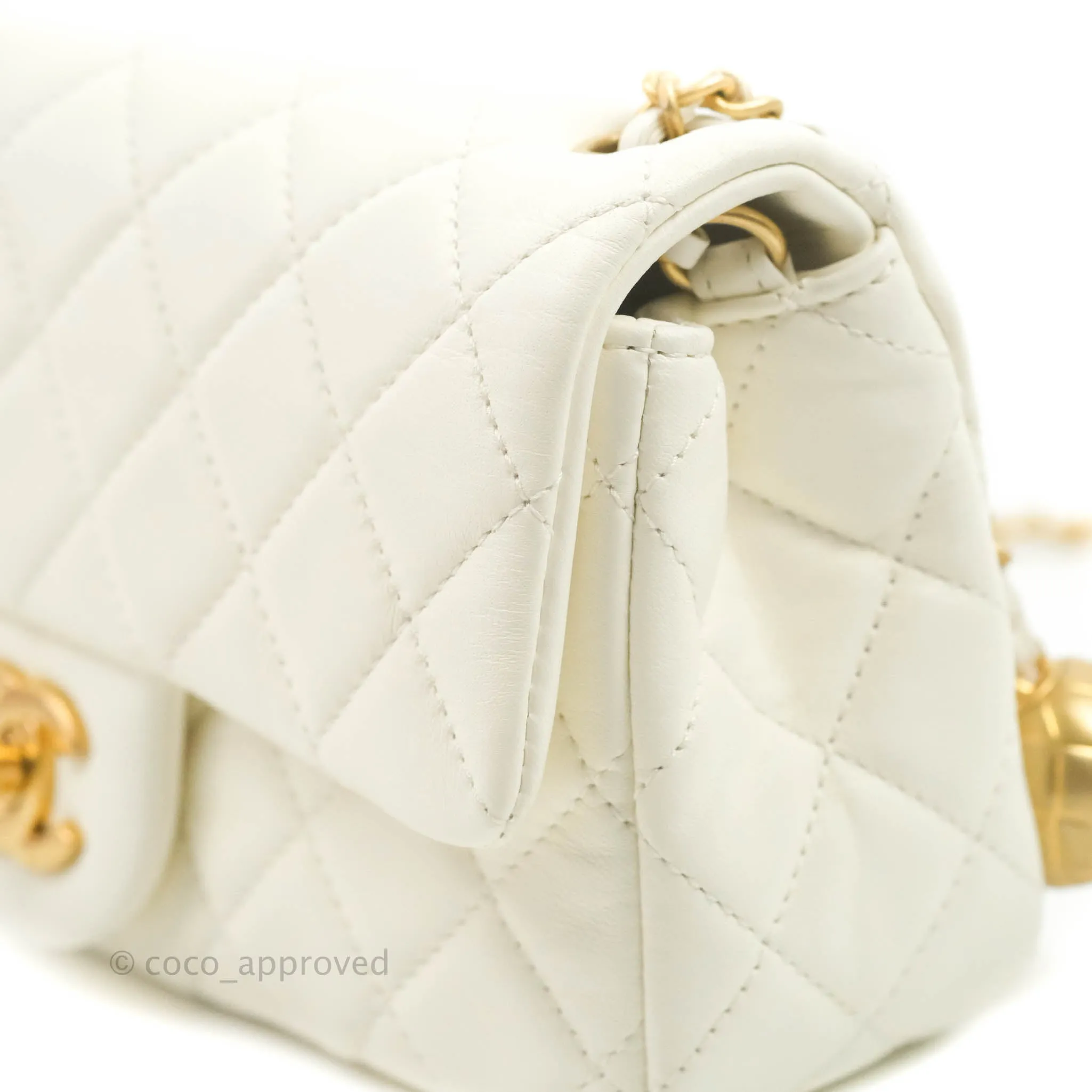 Chanel Mini Rectangular Pearl Crush Quilted White Lambskin Aged Gold Hardware