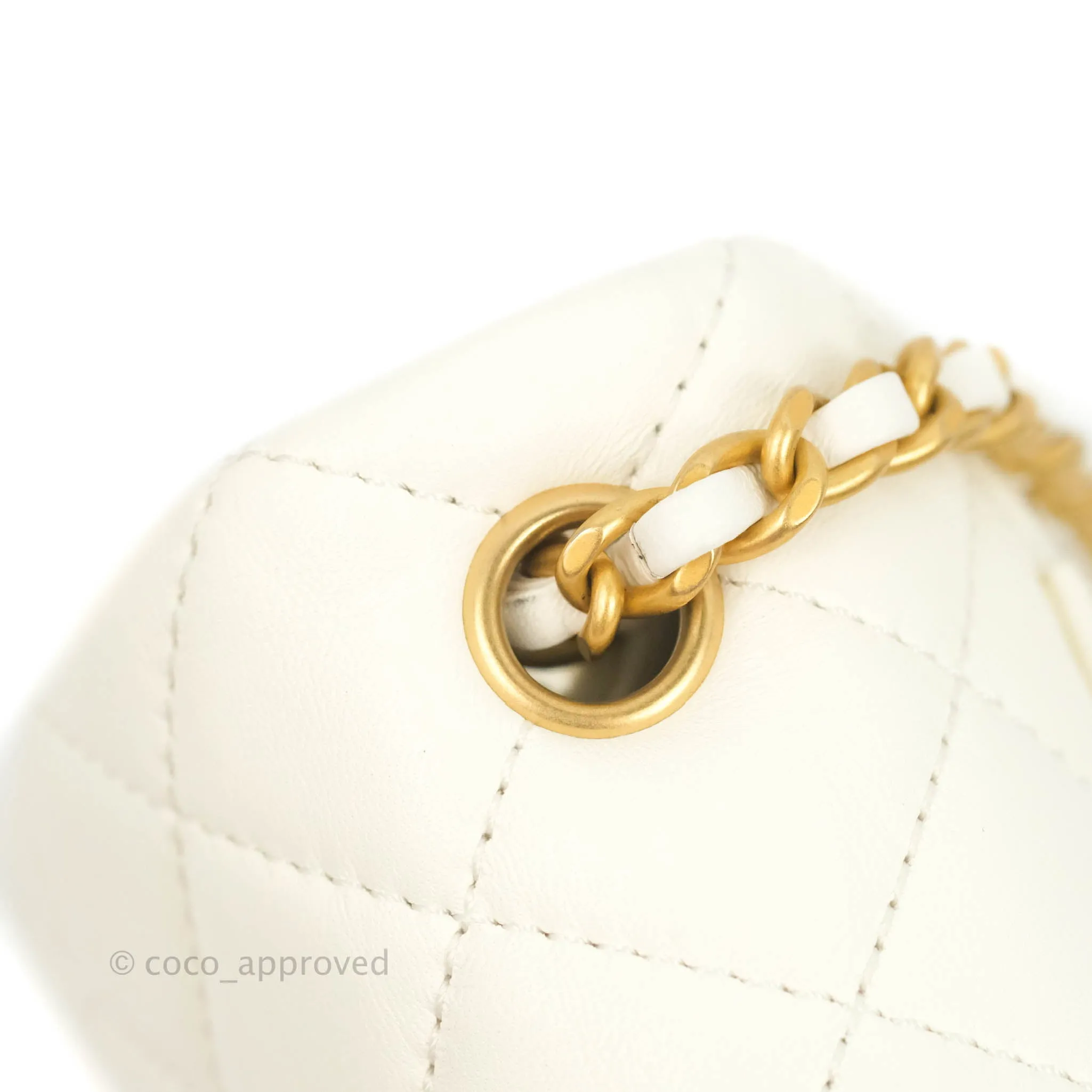 Chanel Mini Rectangular Pearl Crush Quilted White Lambskin Aged Gold Hardware