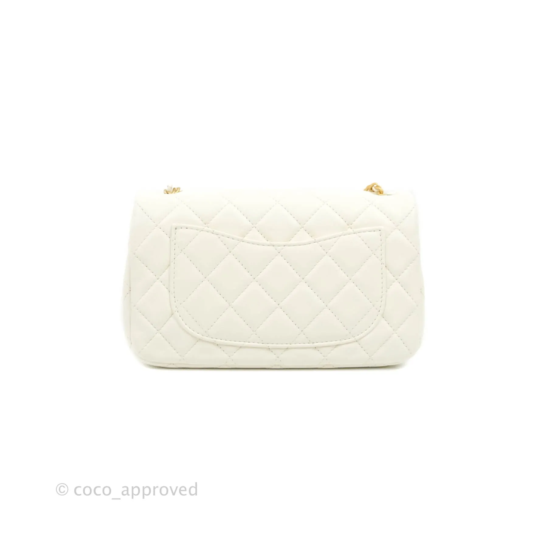 Chanel Mini Rectangular Pearl Crush Quilted White Lambskin Aged Gold Hardware