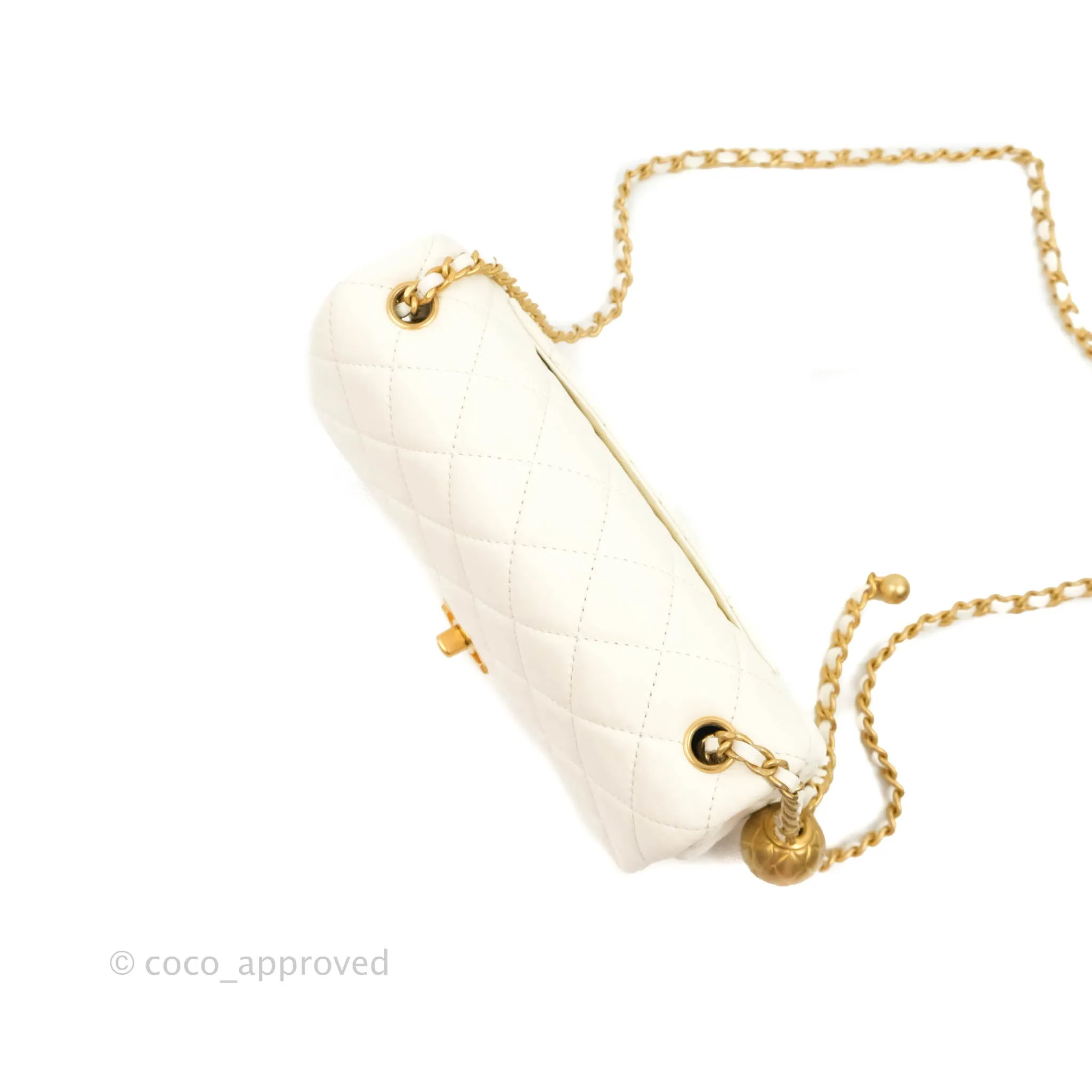 Chanel Mini Rectangular Pearl Crush Quilted White Lambskin Aged Gold Hardware