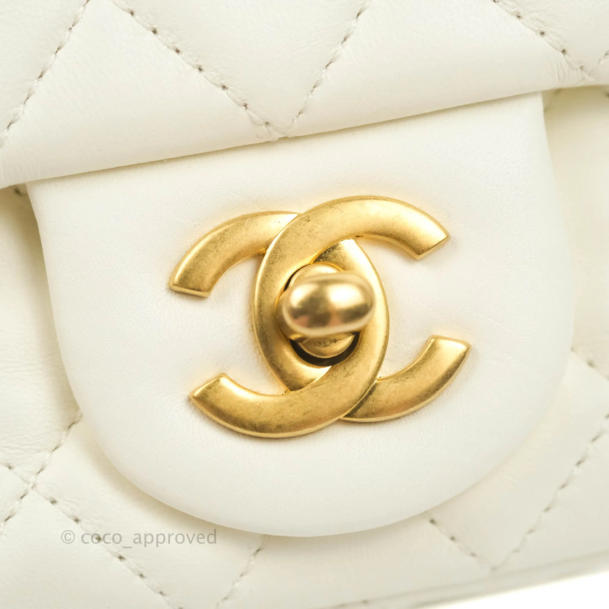 Chanel Mini Rectangular Pearl Crush Quilted White Lambskin Aged Gold Hardware