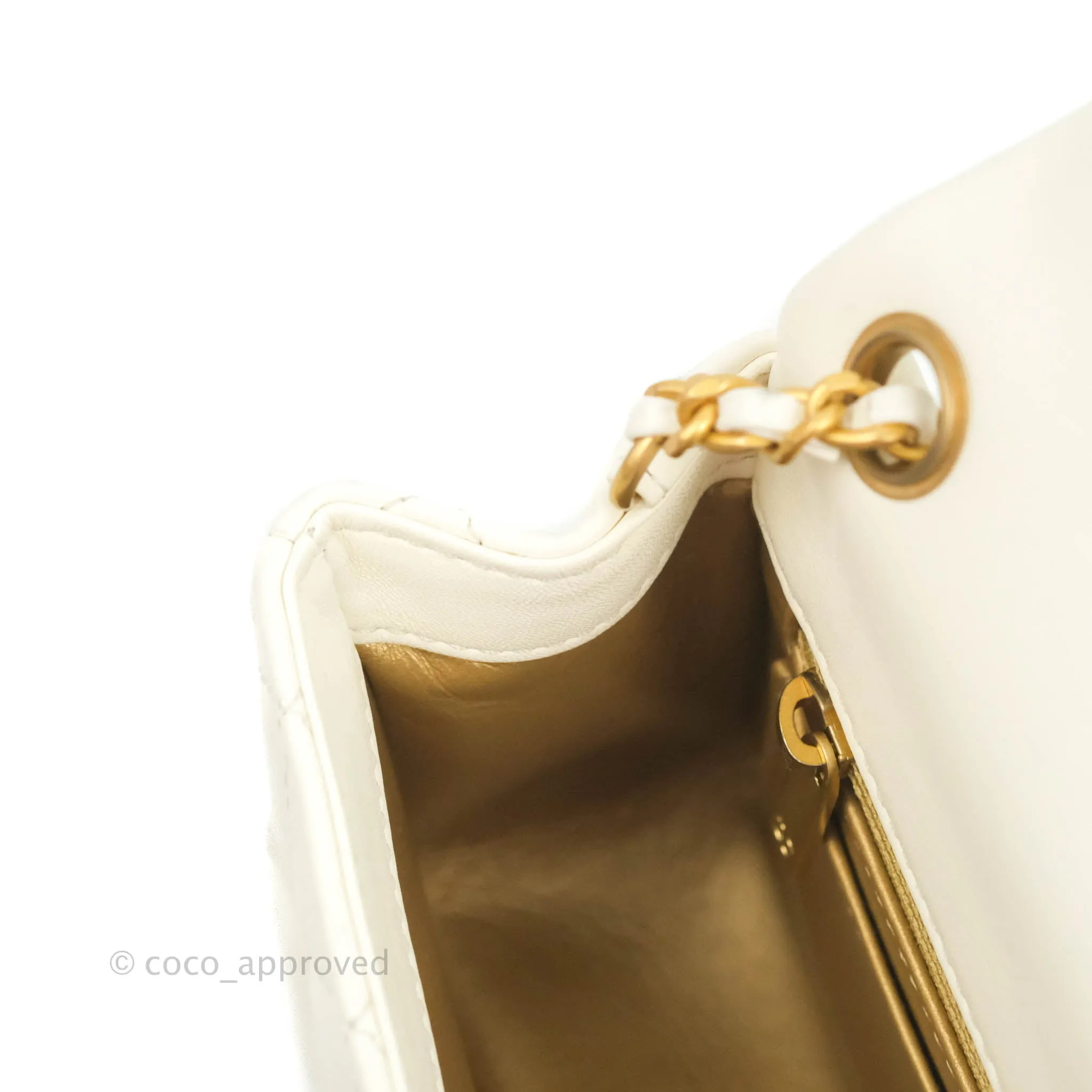 Chanel Mini Rectangular Pearl Crush Quilted White Lambskin Aged Gold Hardware