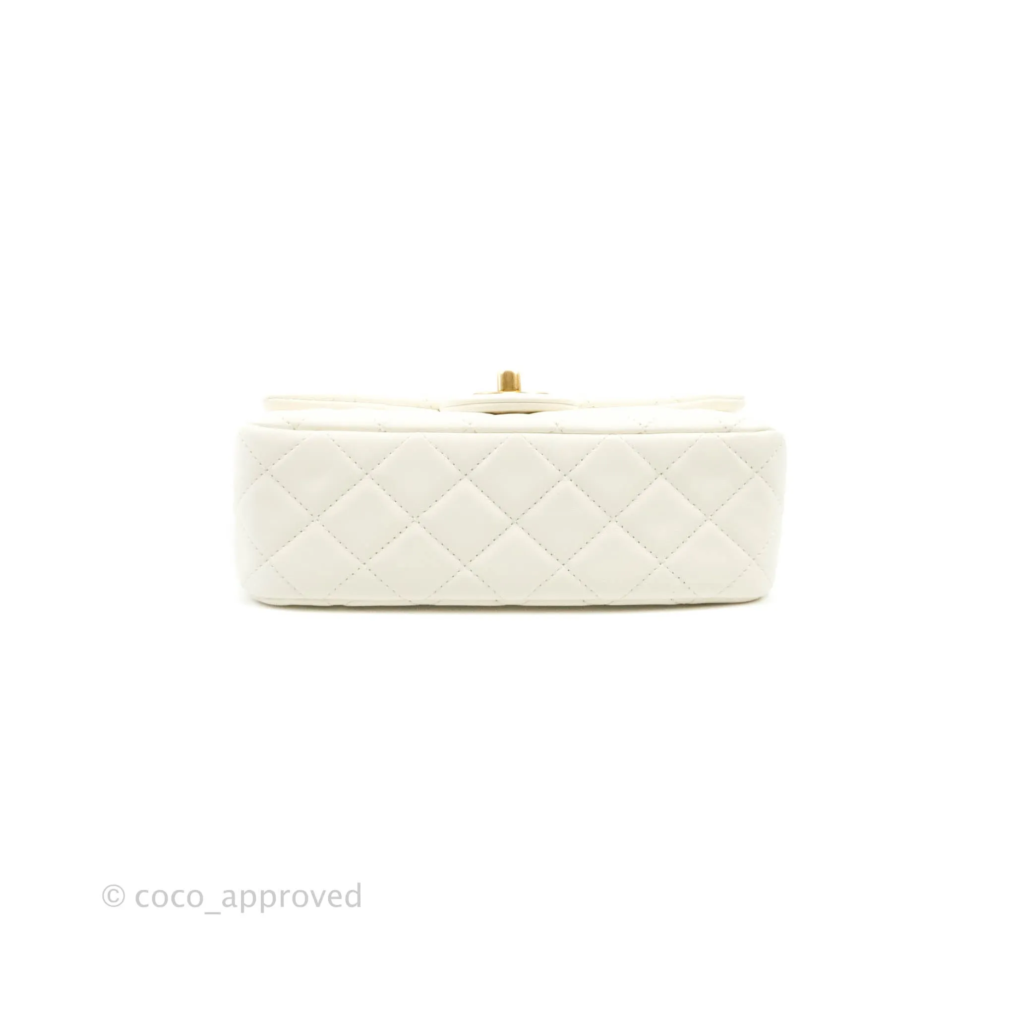 Chanel Mini Rectangular Pearl Crush Quilted White Lambskin Aged Gold Hardware