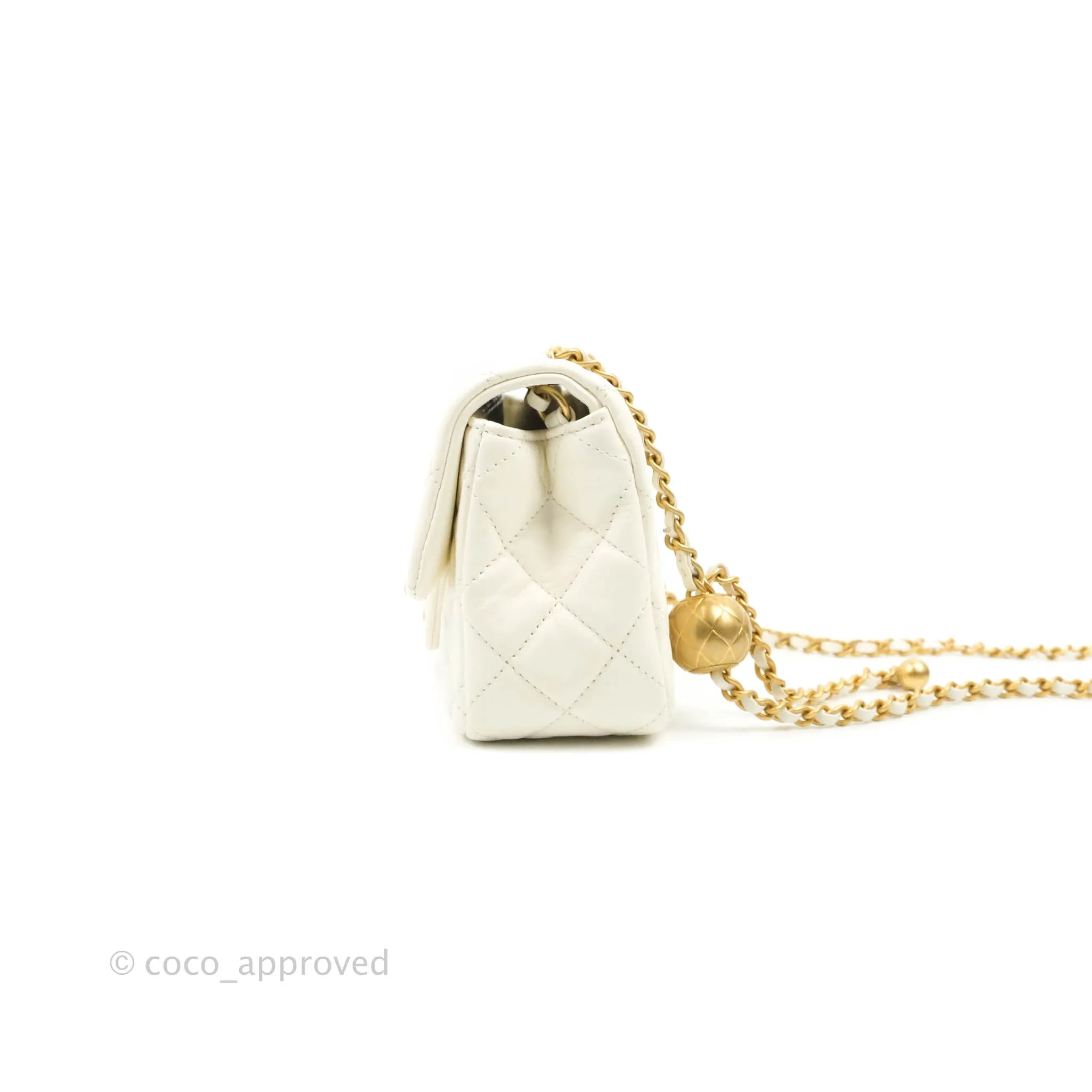 Chanel Mini Rectangular Pearl Crush Quilted White Lambskin Aged Gold Hardware