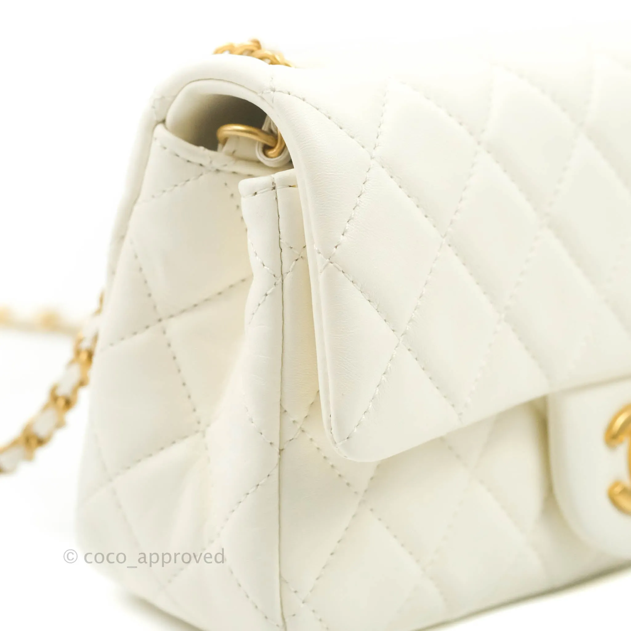 Chanel Mini Rectangular Pearl Crush Quilted White Lambskin Aged Gold Hardware