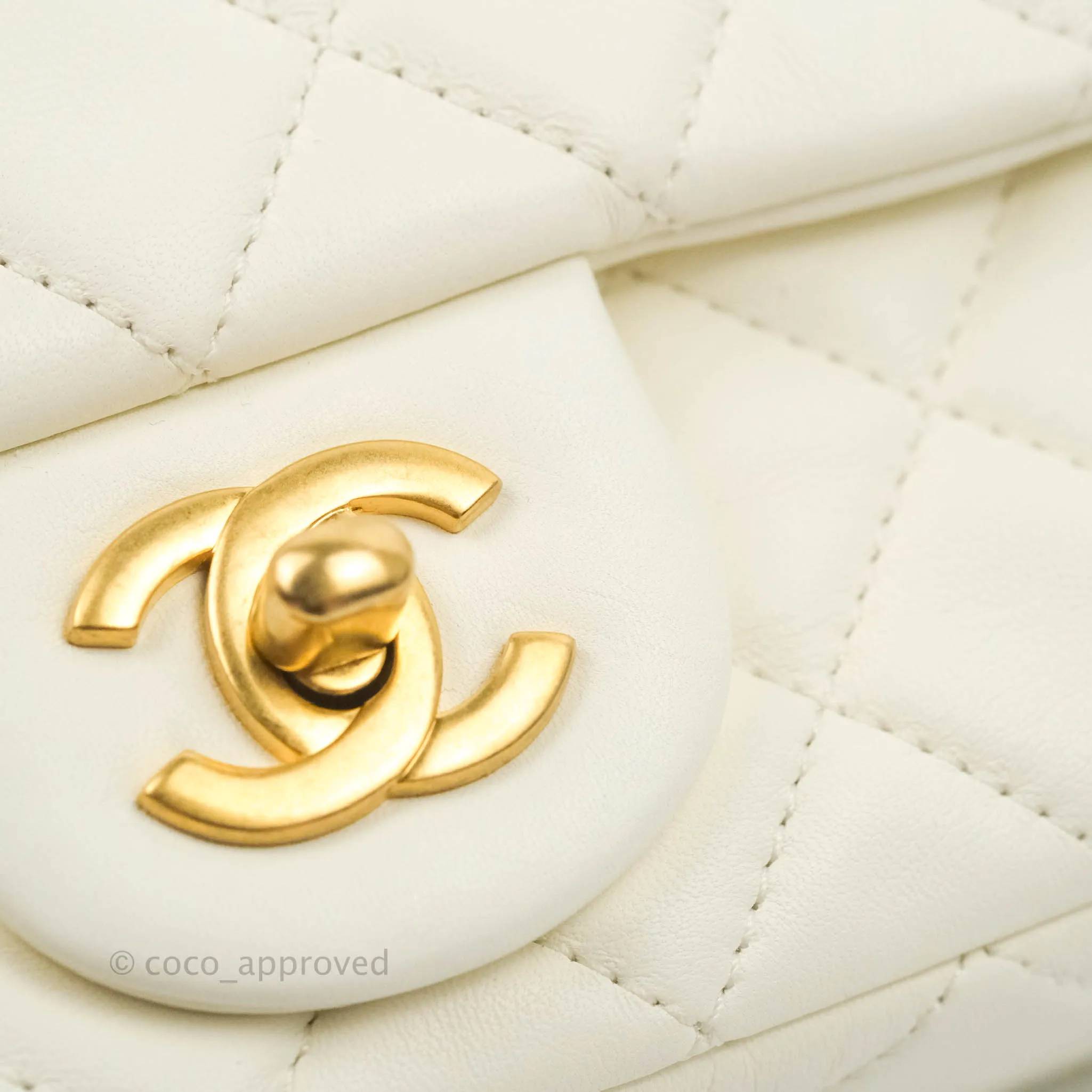 Chanel Mini Rectangular Pearl Crush Quilted White Lambskin Aged Gold Hardware