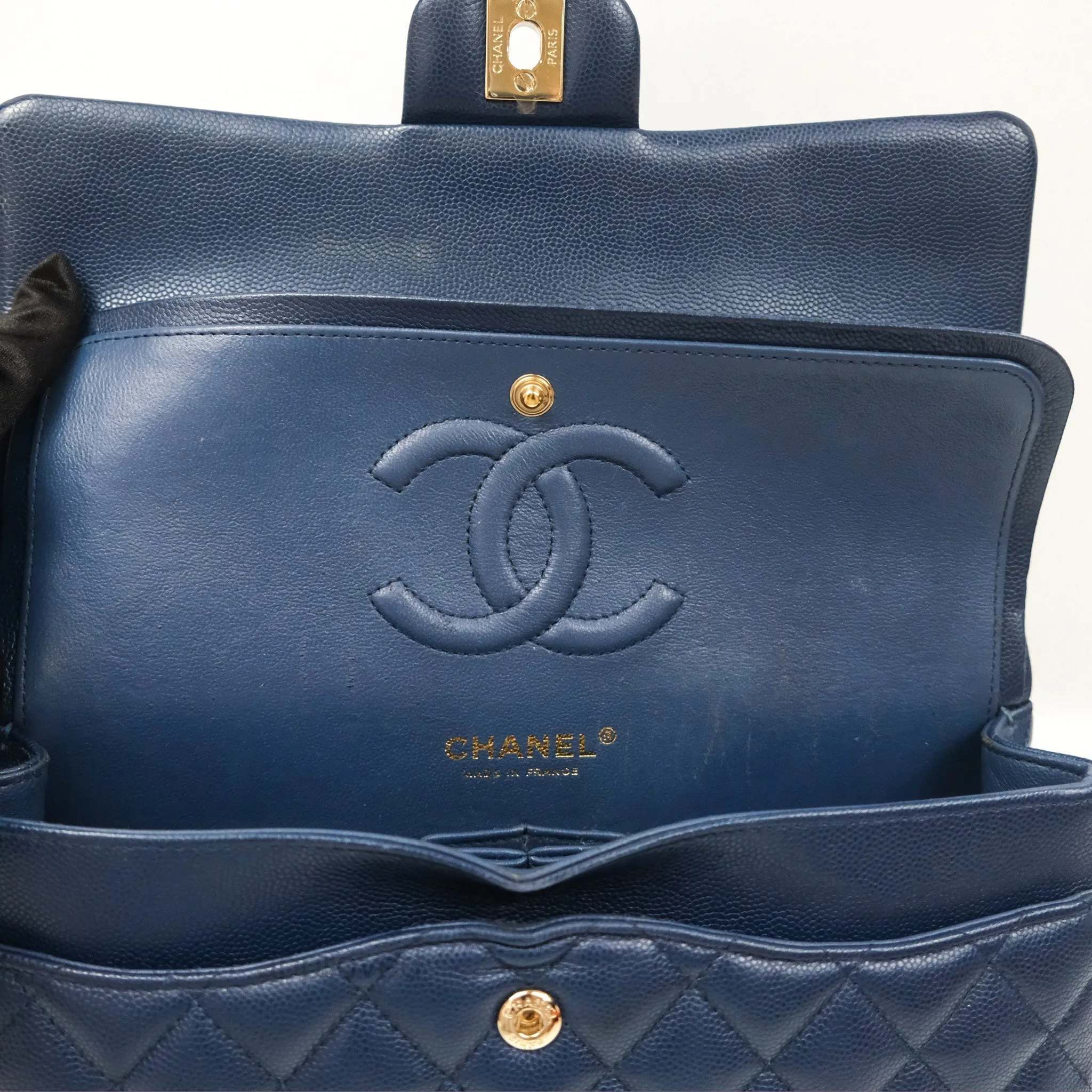 Chanel M/L Medium Classic Flap Quilted Navy Caviar Gold Hardware