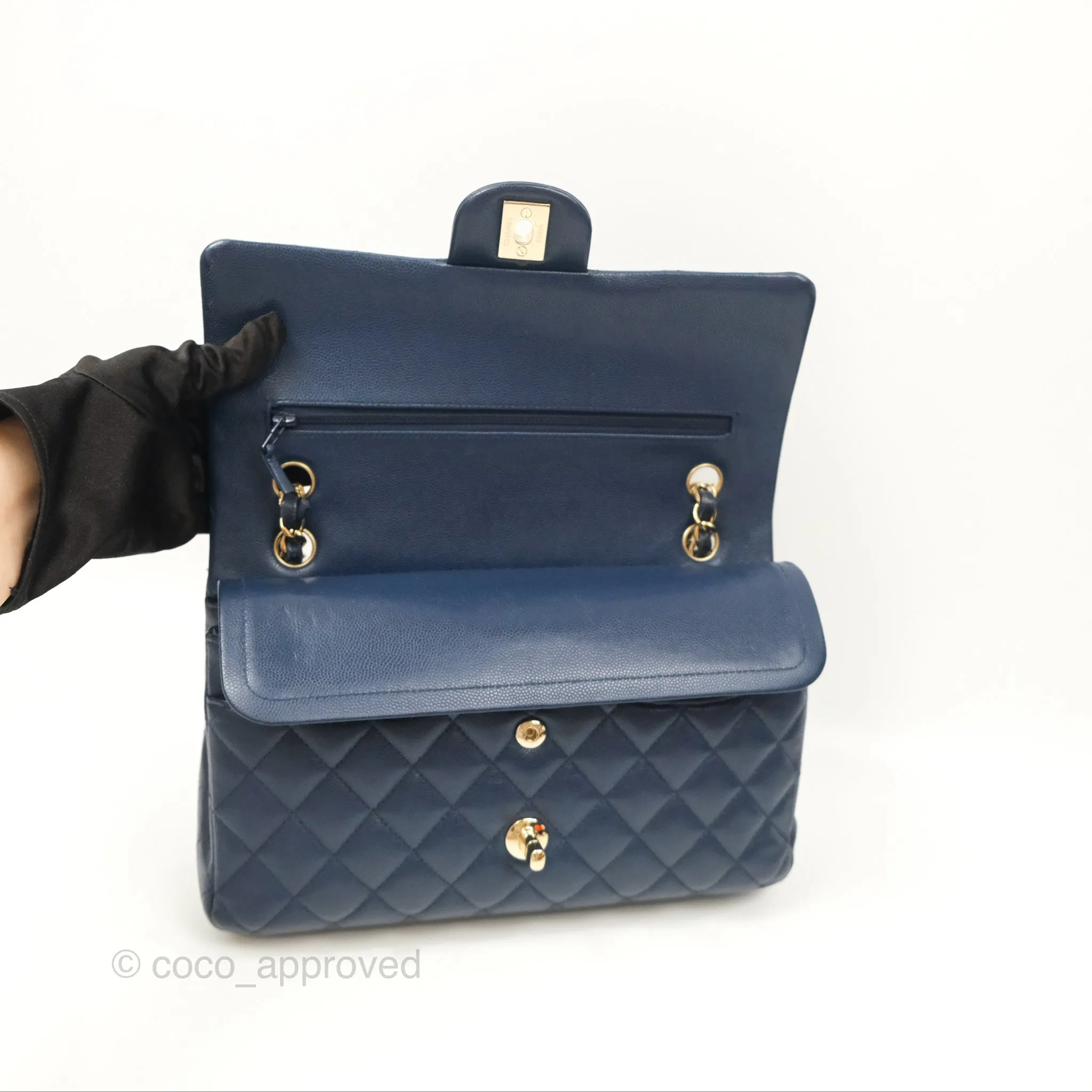 Chanel M/L Medium Classic Flap Quilted Navy Caviar Gold Hardware