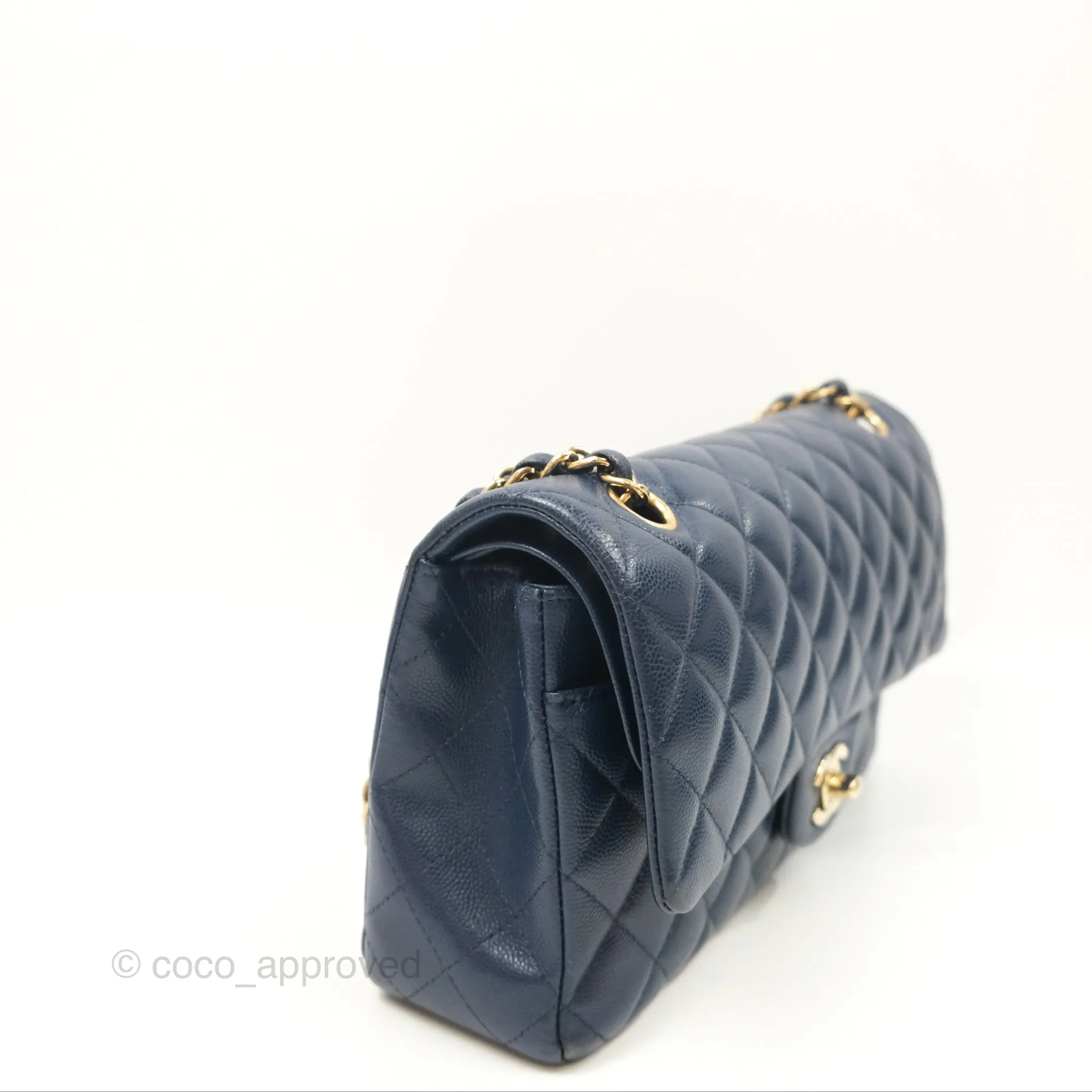 Chanel M/L Medium Classic Flap Quilted Navy Caviar Gold Hardware