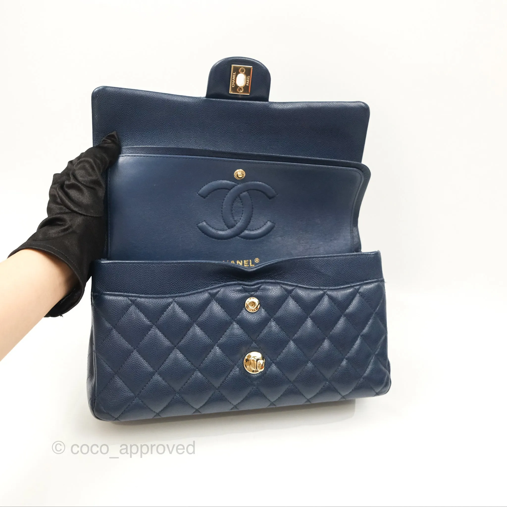 Chanel M/L Medium Classic Flap Quilted Navy Caviar Gold Hardware