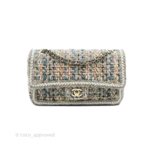 Chanel M/L Medium Single Flap Grey Tweed Braided Gold Hardware