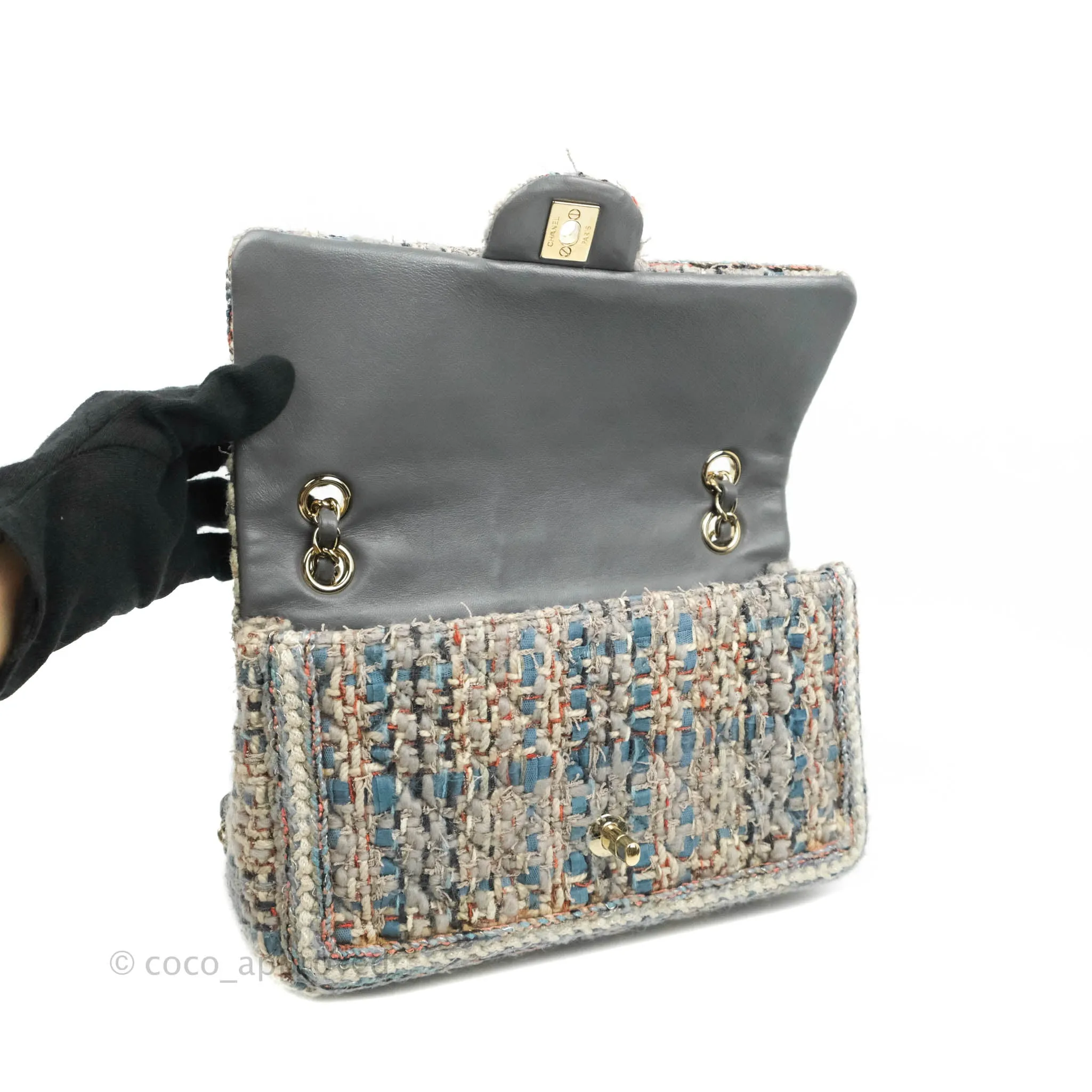 Chanel M/L Medium Single Flap Grey Tweed Braided Gold Hardware