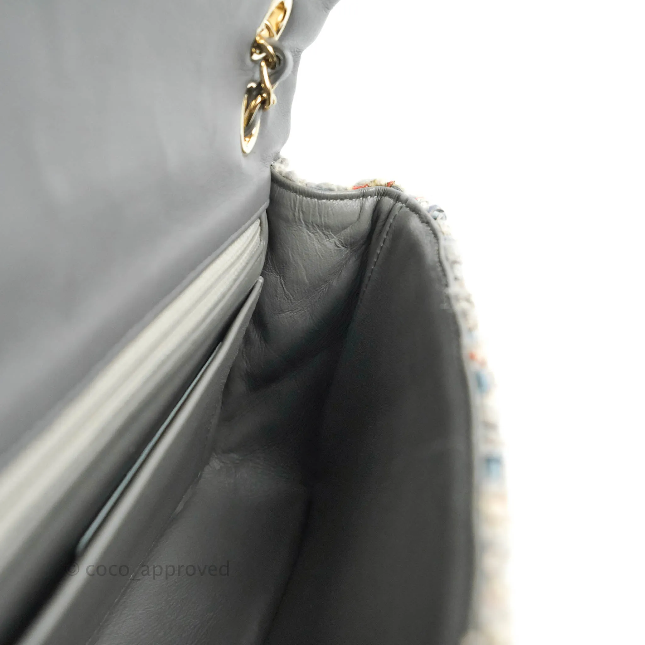 Chanel M/L Medium Single Flap Grey Tweed Braided Gold Hardware