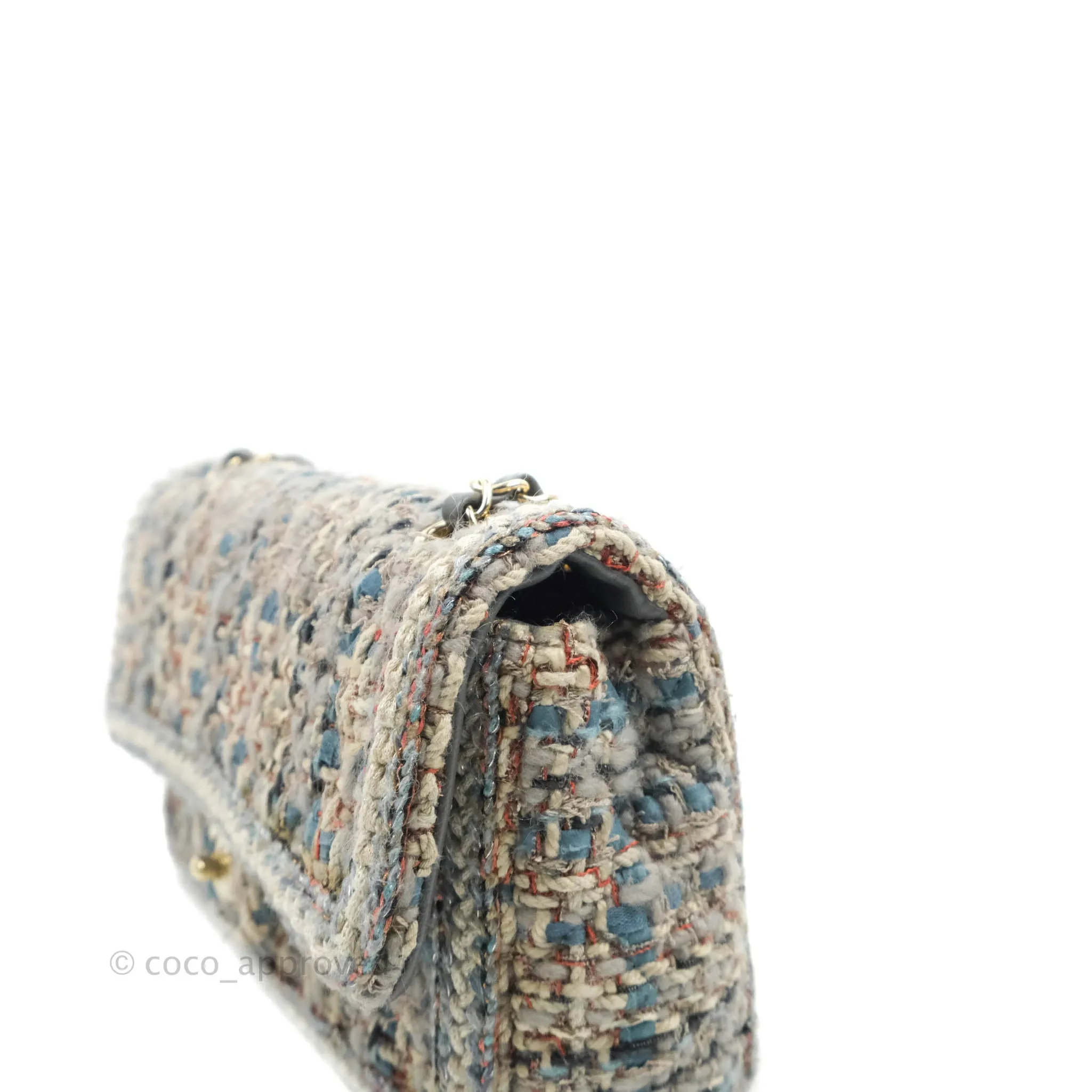 Chanel M/L Medium Single Flap Grey Tweed Braided Gold Hardware