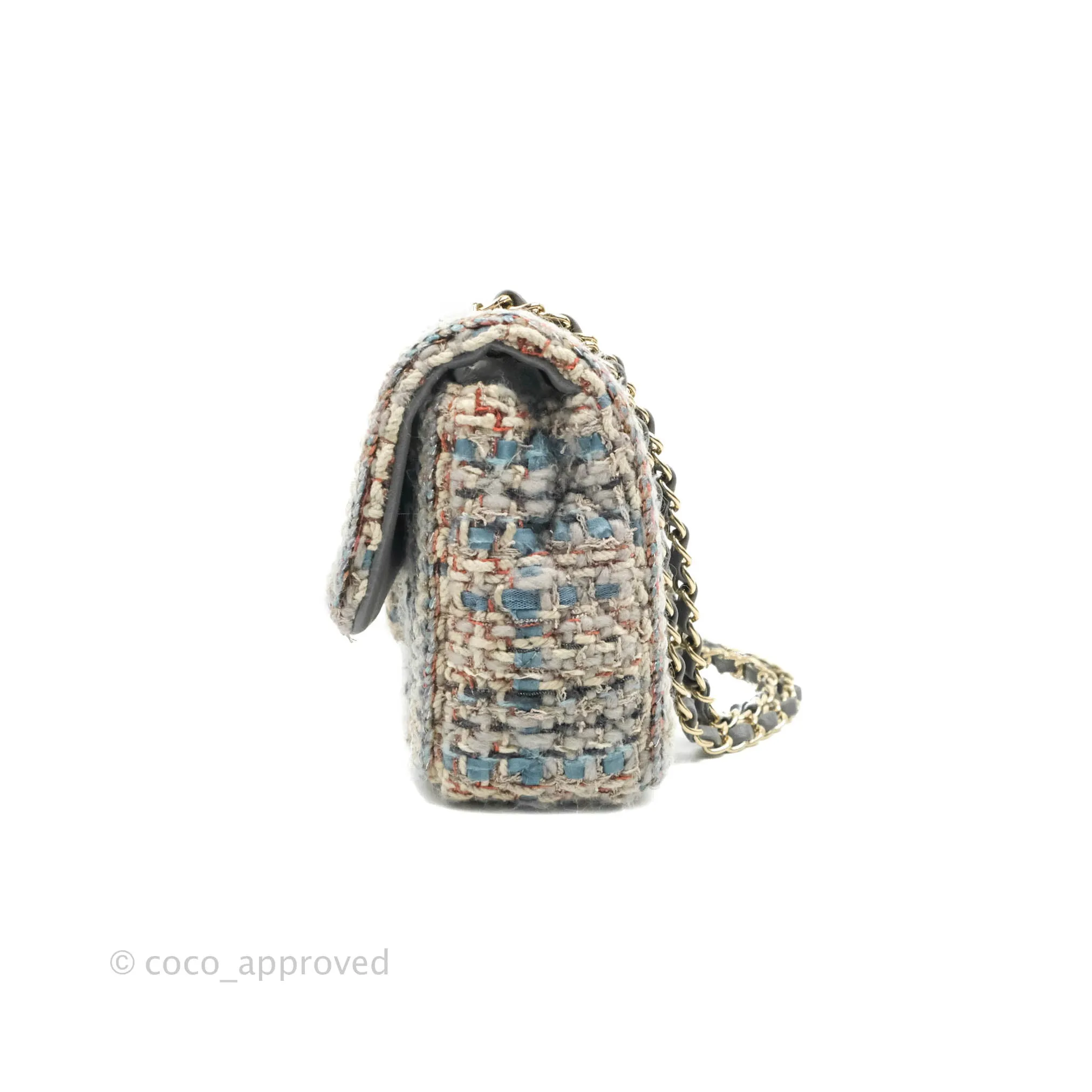 Chanel M/L Medium Single Flap Grey Tweed Braided Gold Hardware