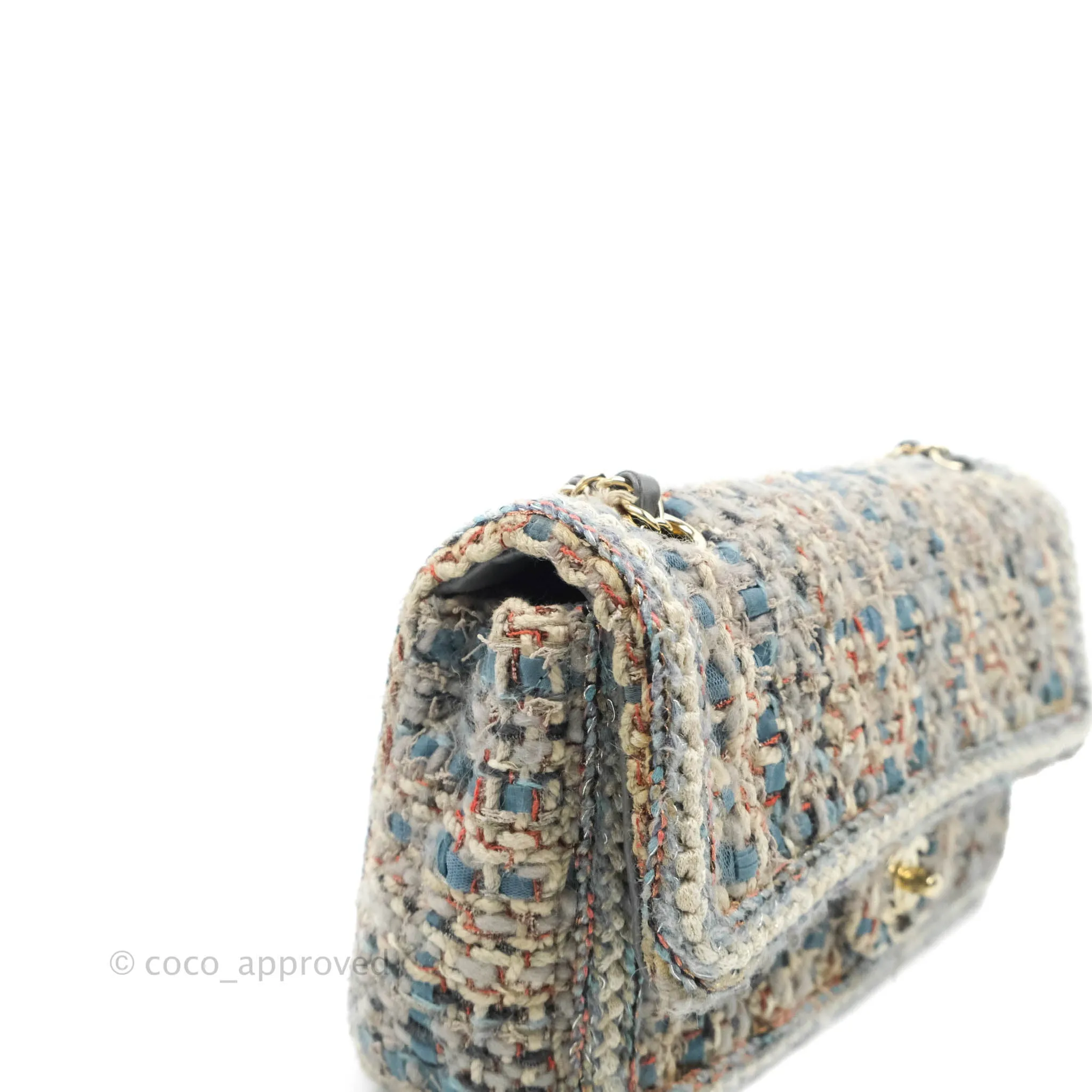Chanel M/L Medium Single Flap Grey Tweed Braided Gold Hardware