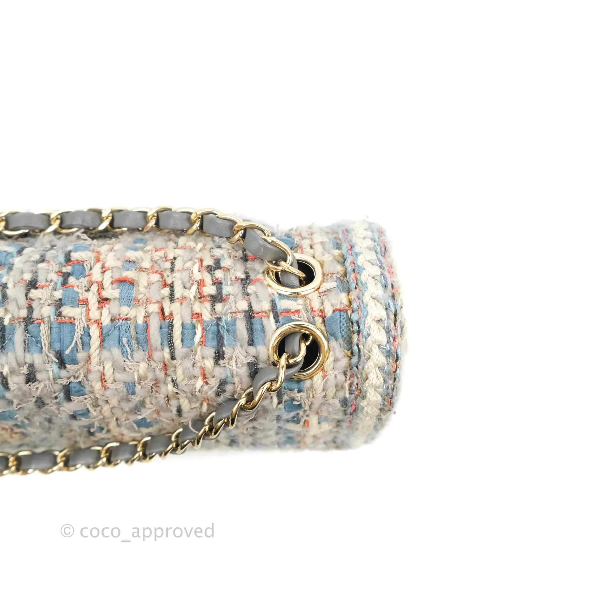 Chanel M/L Medium Single Flap Grey Tweed Braided Gold Hardware