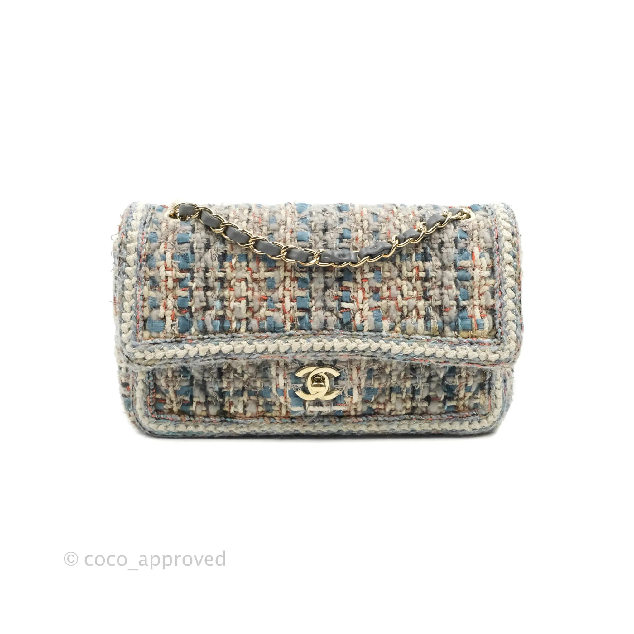 Chanel M/L Medium Single Flap Grey Tweed Braided Gold Hardware