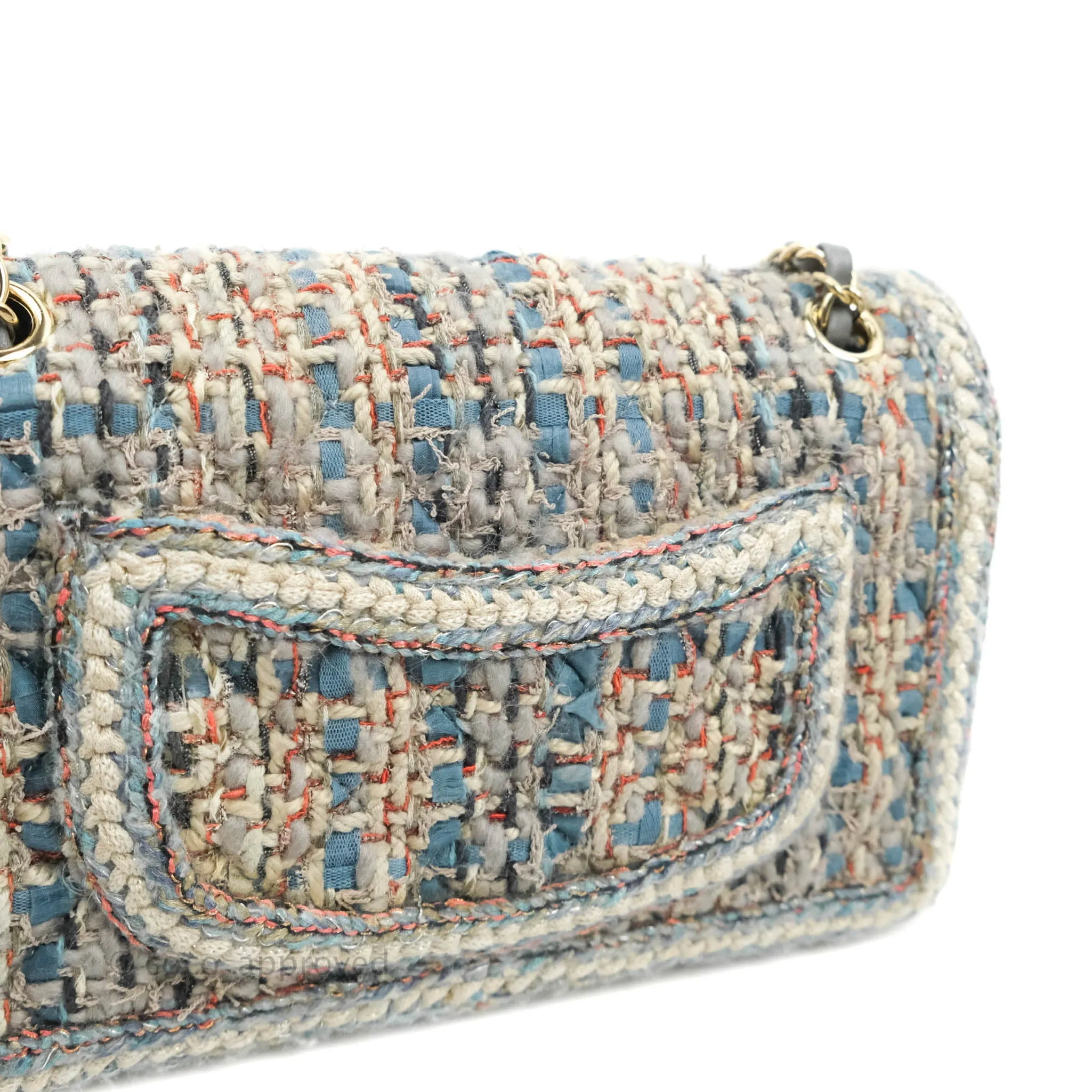 Chanel M/L Medium Single Flap Grey Tweed Braided Gold Hardware