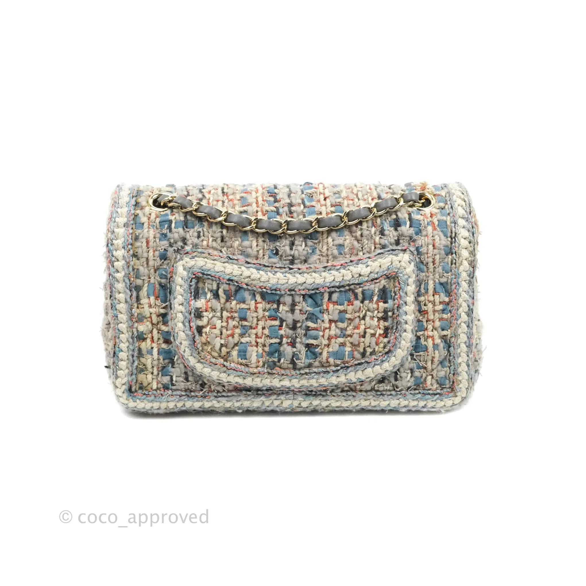 Chanel M/L Medium Single Flap Grey Tweed Braided Gold Hardware