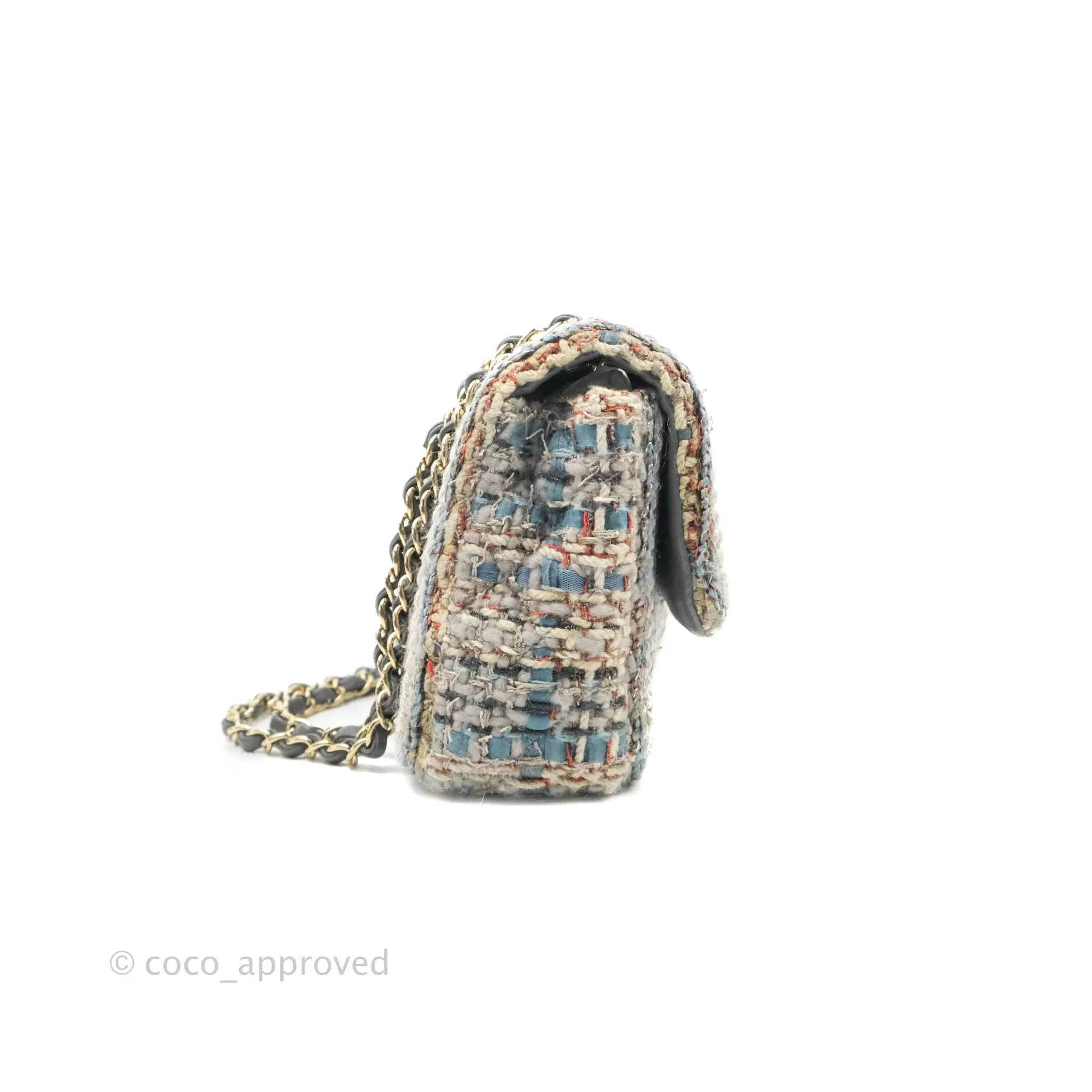 Chanel M/L Medium Single Flap Grey Tweed Braided Gold Hardware