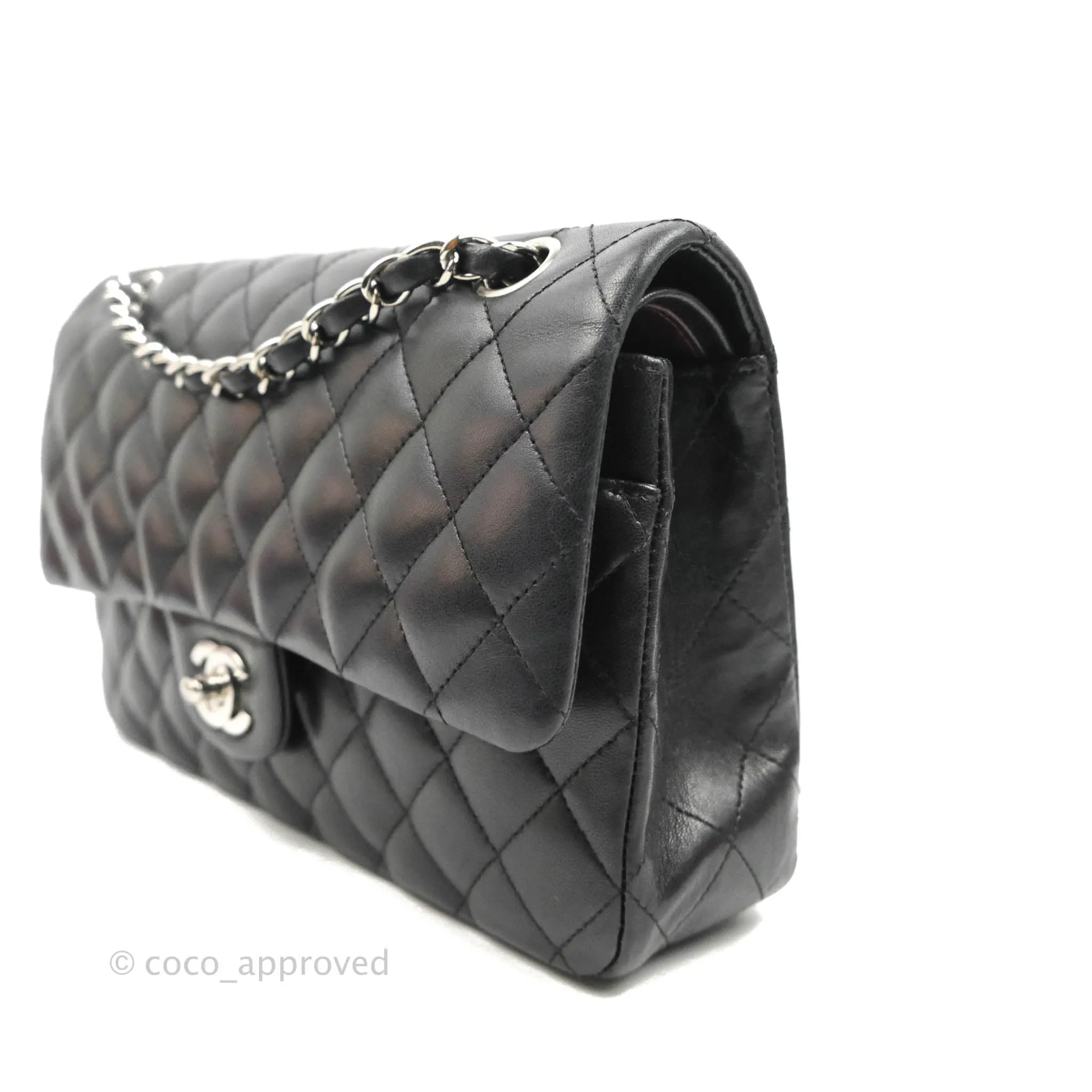 Chanel Quilted Classic M/L Medium Flap Black Lambskin Silver Hardware