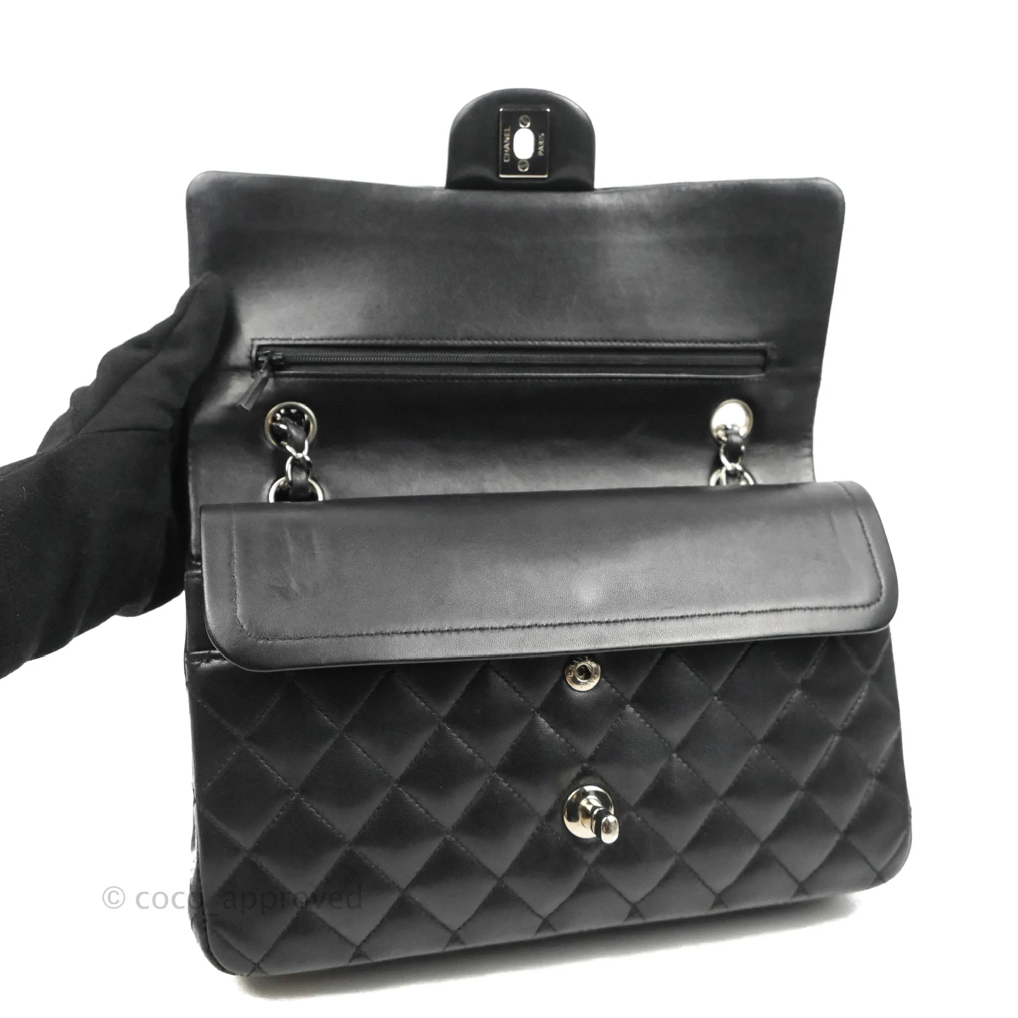 Chanel Quilted Classic M/L Medium Flap Black Lambskin Silver Hardware
