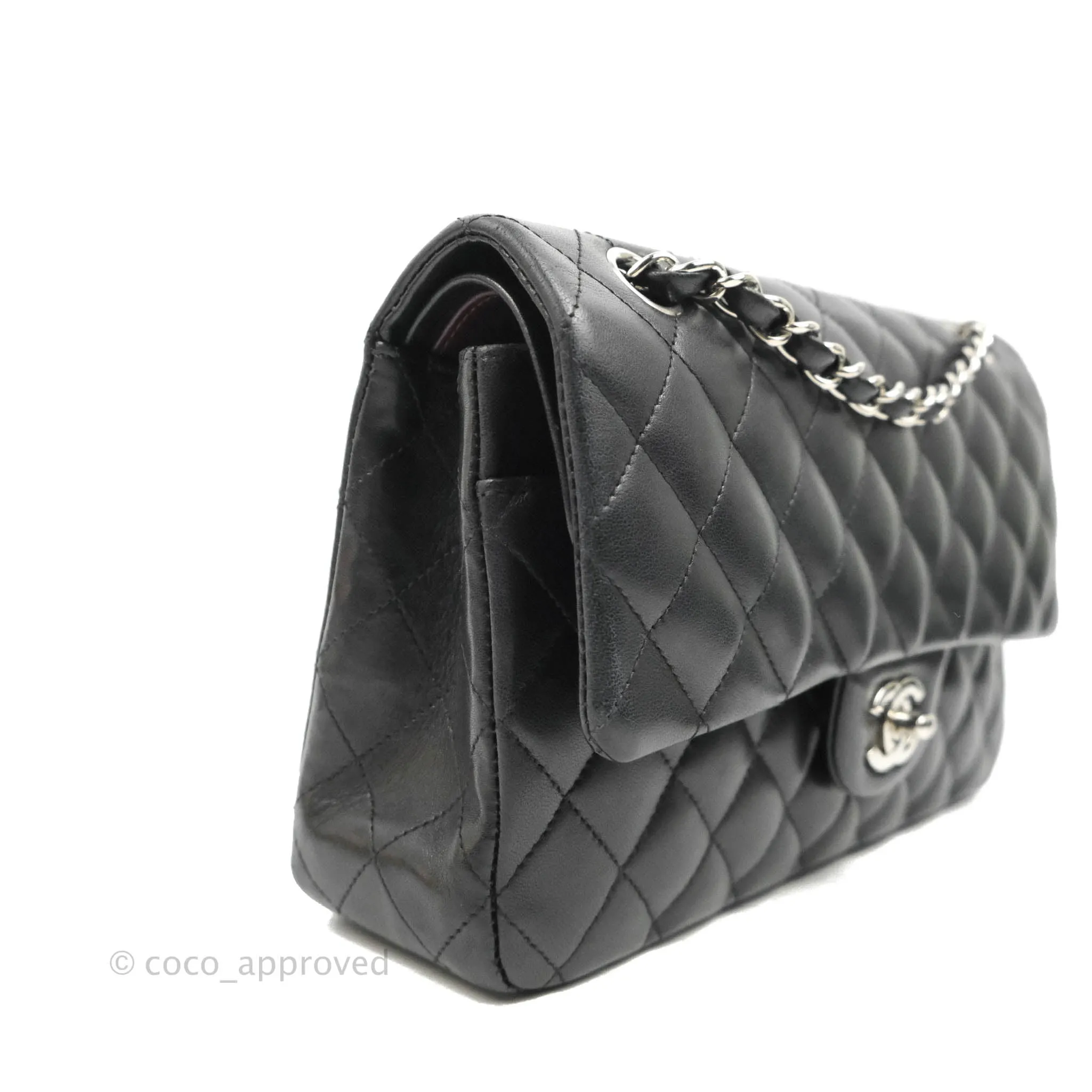 Chanel Quilted Classic M/L Medium Flap Black Lambskin Silver Hardware
