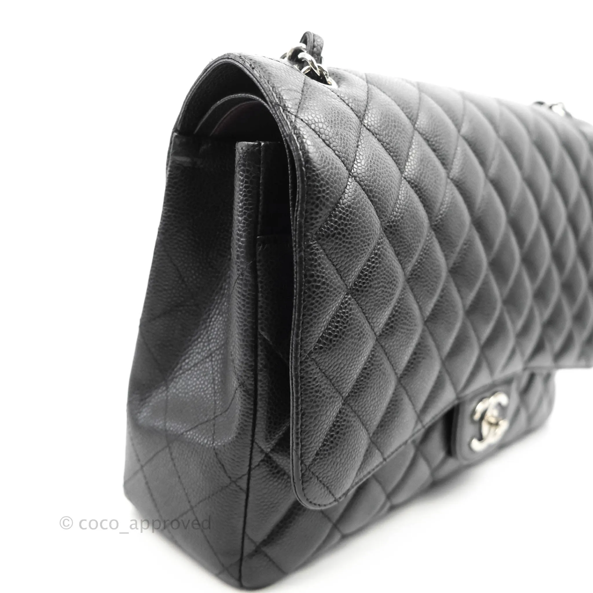 Chanel Quilted Maxi Double Flap Black Caviar Silver Hardware