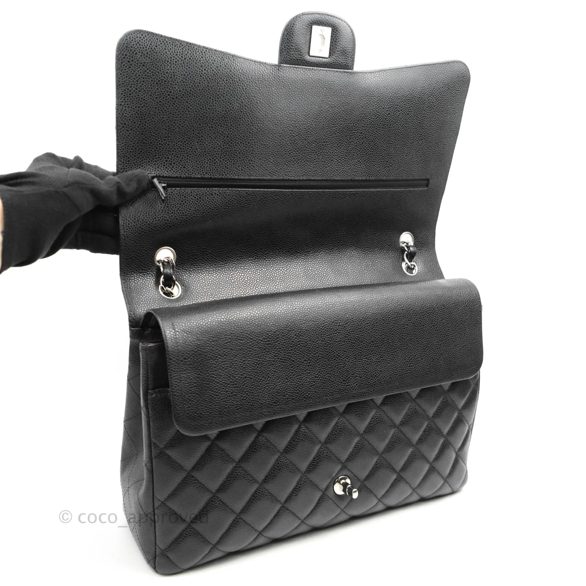 Chanel Quilted Maxi Double Flap Black Caviar Silver Hardware
