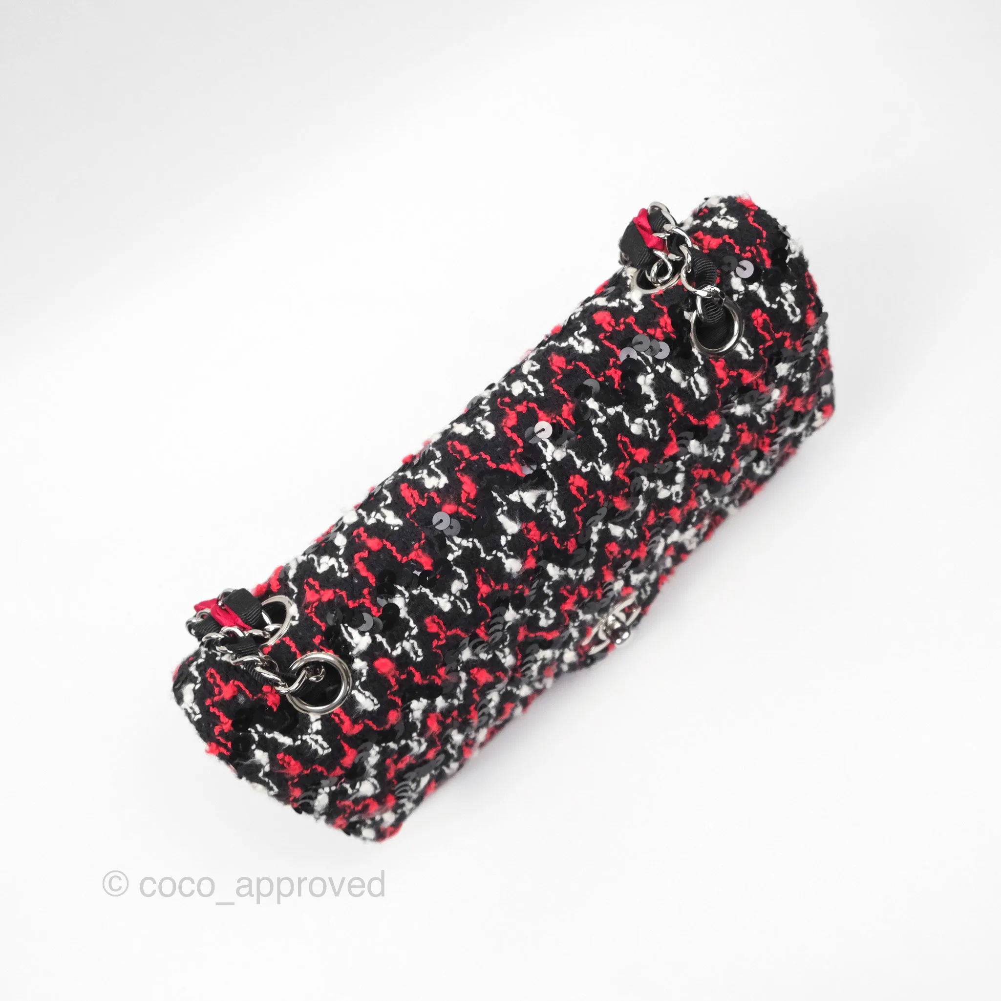 Chanel Shoulder Flap Bag Red/ Black/ White Tweed Sequins Silver Hardware