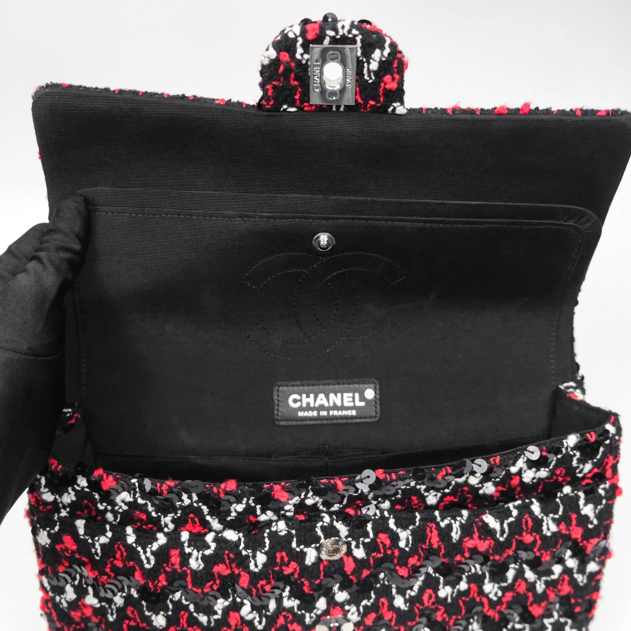 Chanel Shoulder Flap Bag Red/ Black/ White Tweed Sequins Silver Hardware