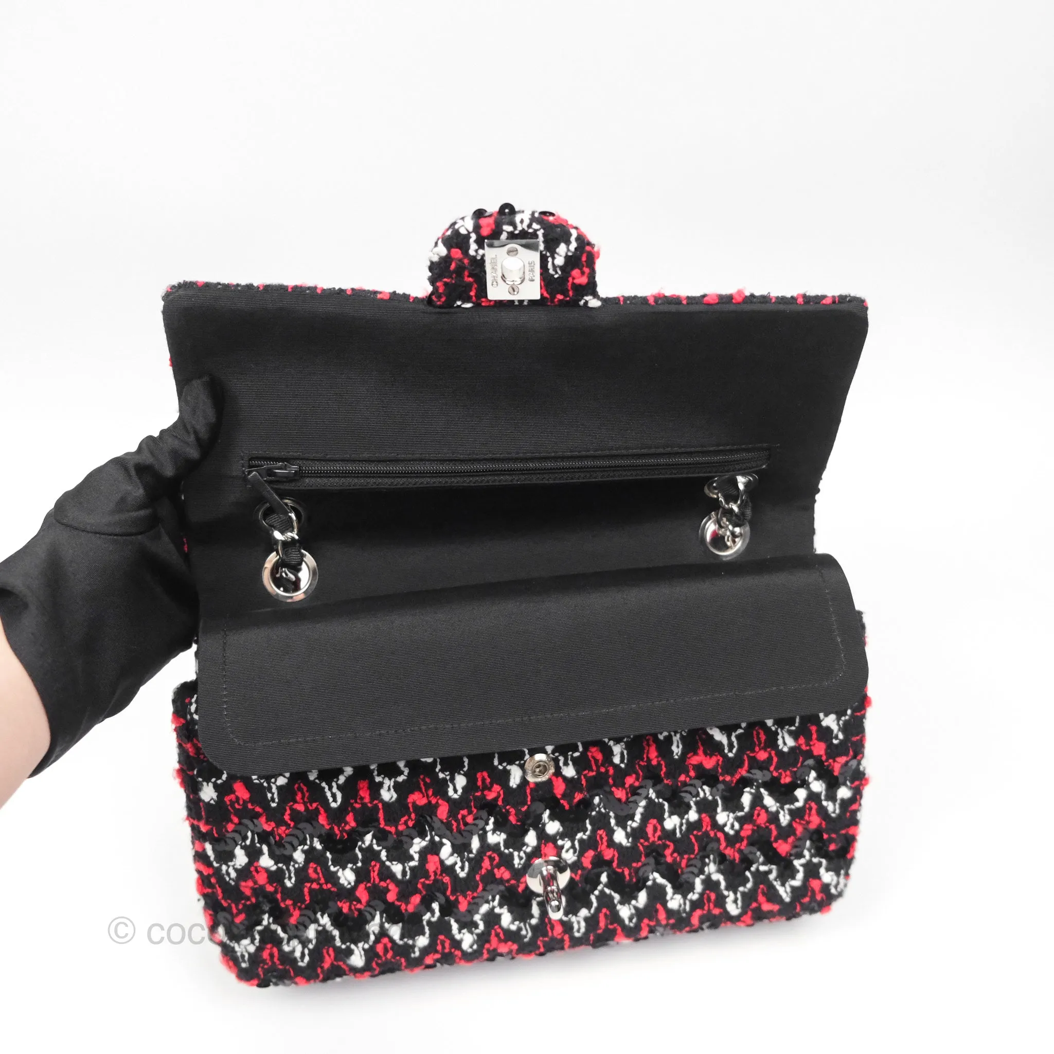 Chanel Shoulder Flap Bag Red/ Black/ White Tweed Sequins Silver Hardware