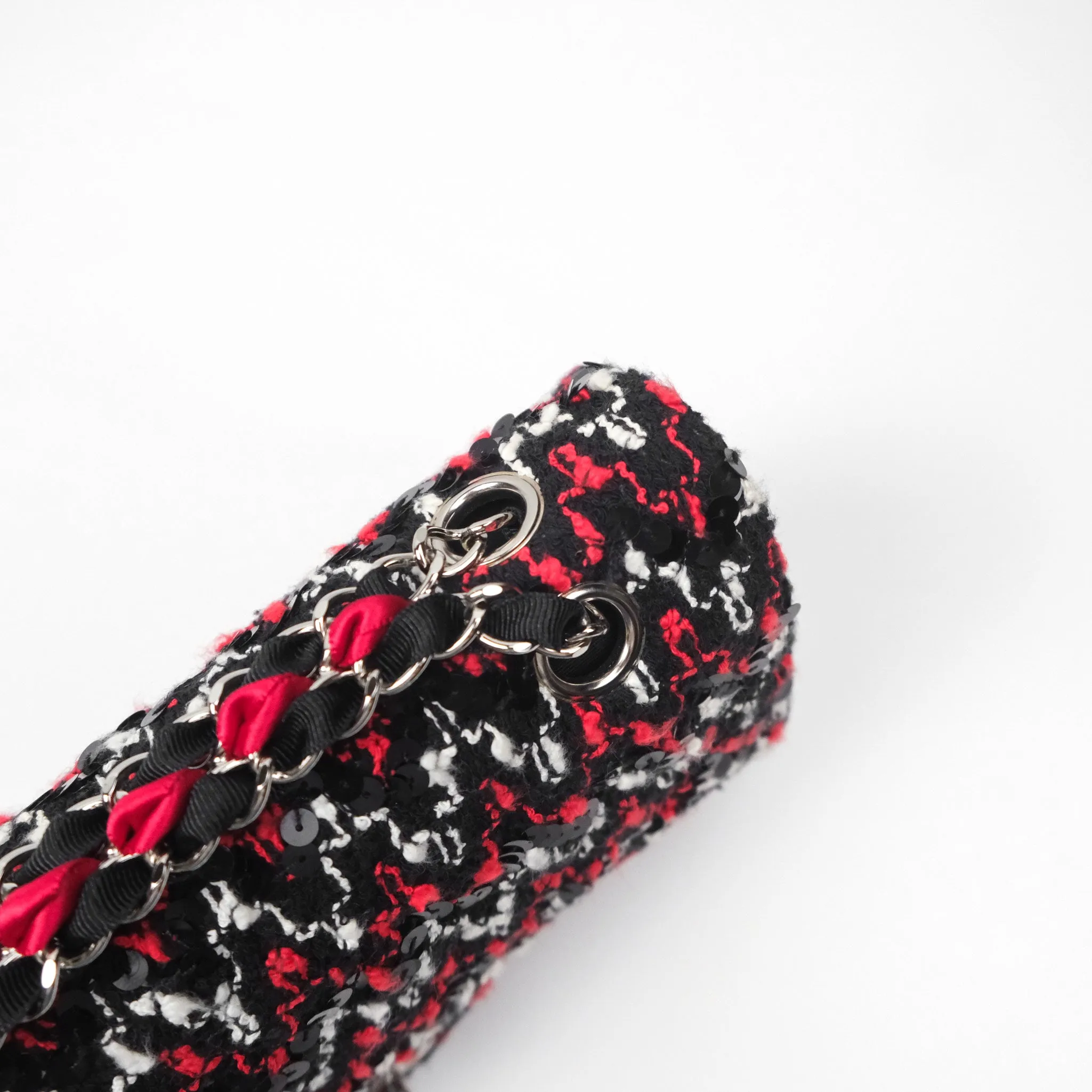 Chanel Shoulder Flap Bag Red/ Black/ White Tweed Sequins Silver Hardware