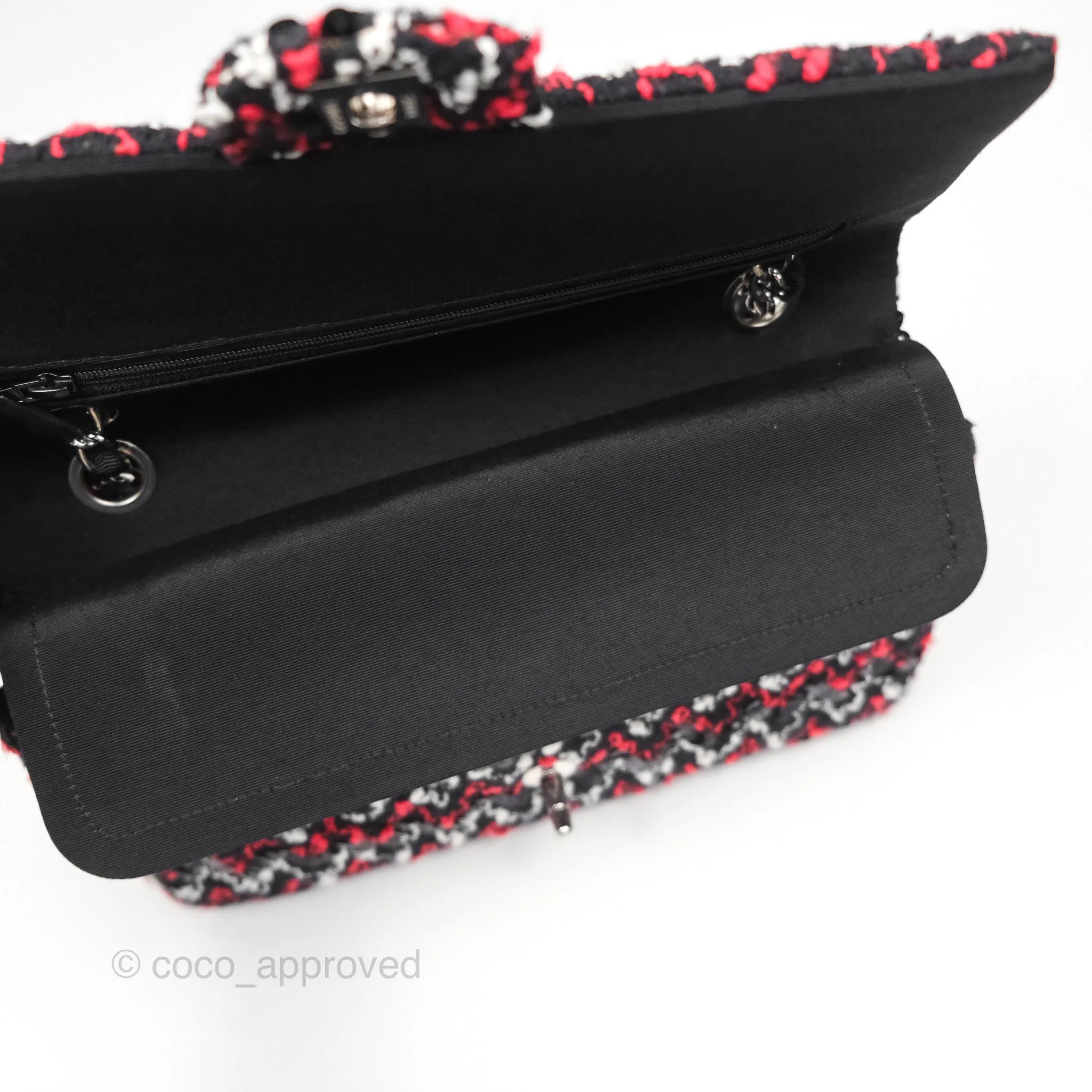 Chanel Shoulder Flap Bag Red/ Black/ White Tweed Sequins Silver Hardware