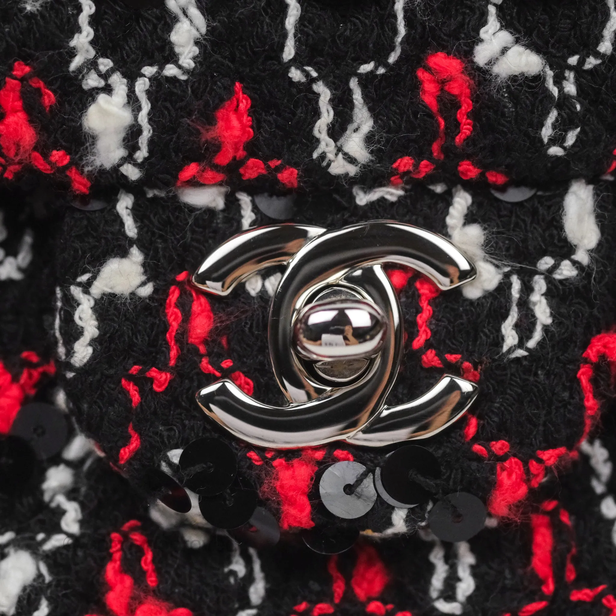 Chanel Shoulder Flap Bag Red/ Black/ White Tweed Sequins Silver Hardware