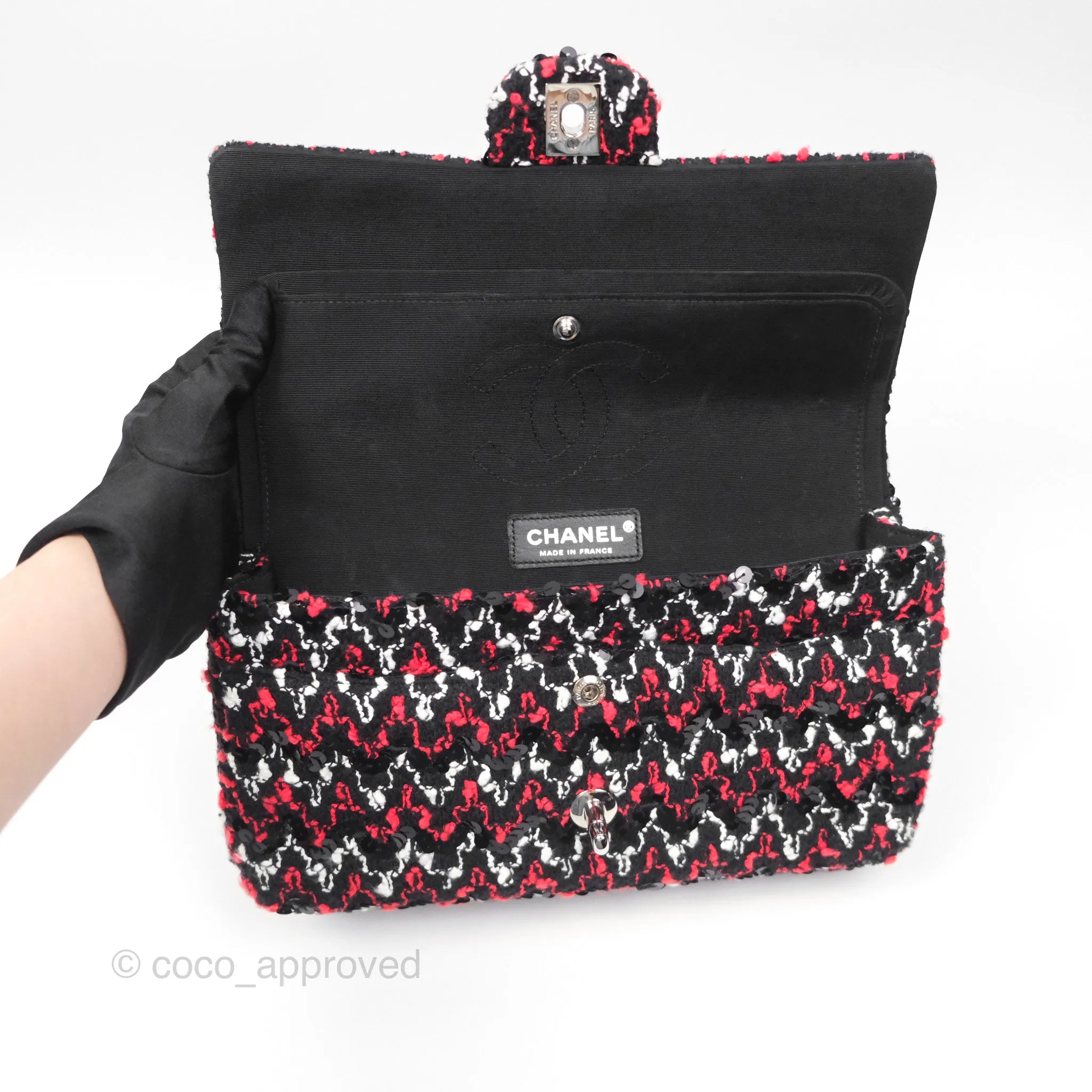 Chanel Shoulder Flap Bag Red/ Black/ White Tweed Sequins Silver Hardware