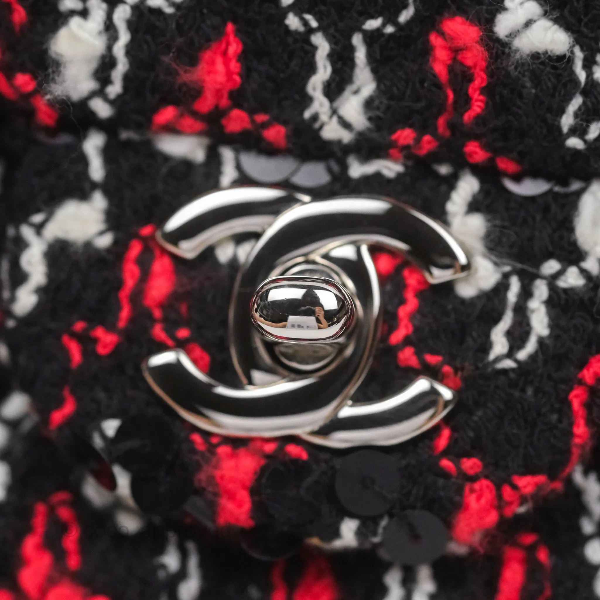 Chanel Shoulder Flap Bag Red/ Black/ White Tweed Sequins Silver Hardware