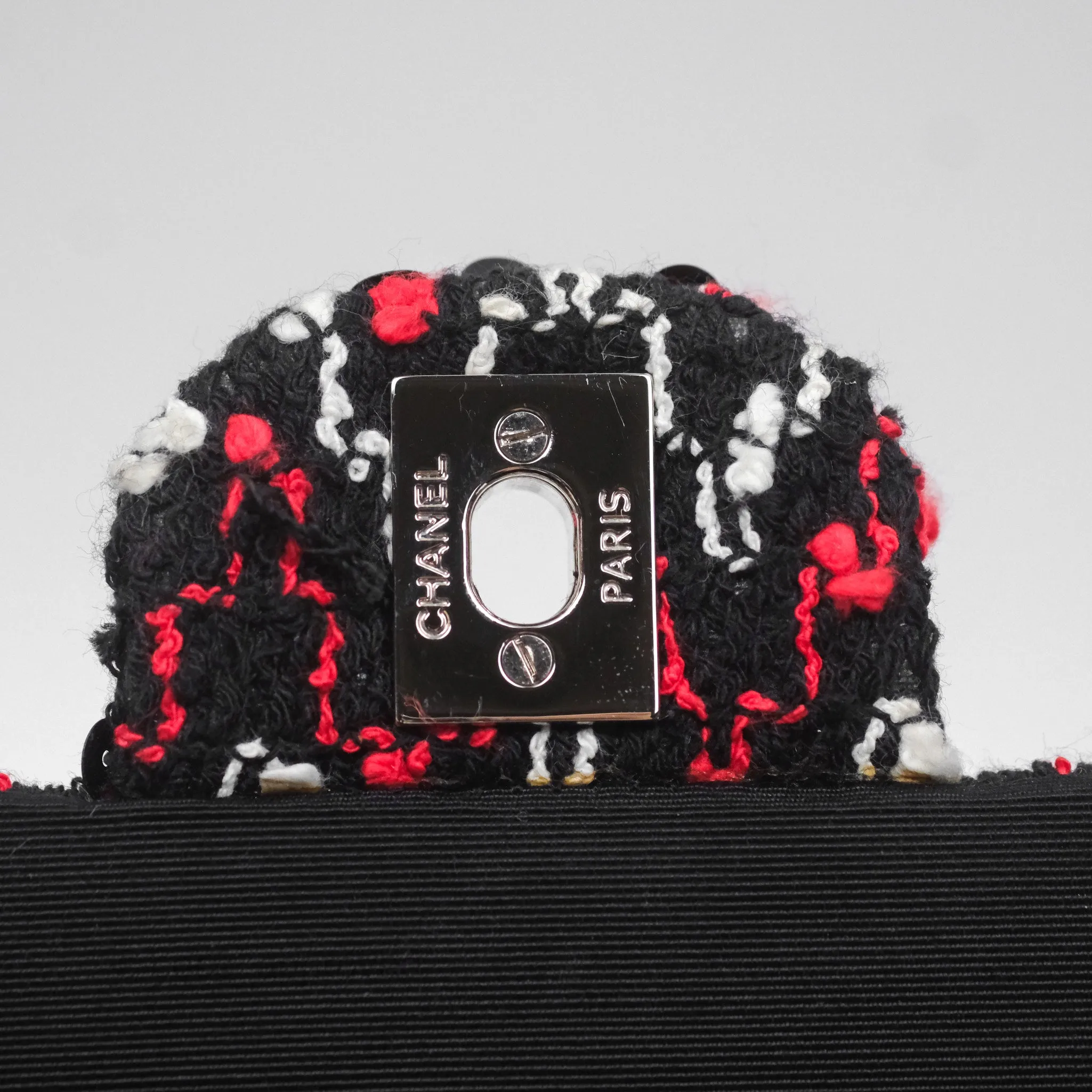 Chanel Shoulder Flap Bag Red/ Black/ White Tweed Sequins Silver Hardware