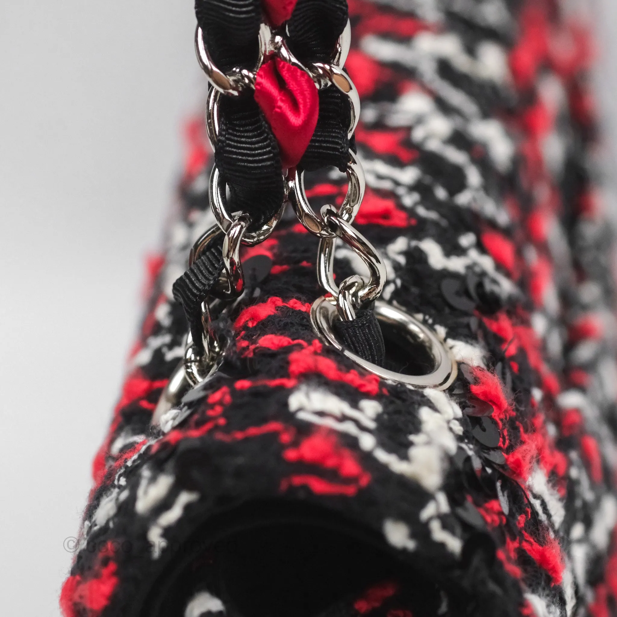 Chanel Shoulder Flap Bag Red/ Black/ White Tweed Sequins Silver Hardware