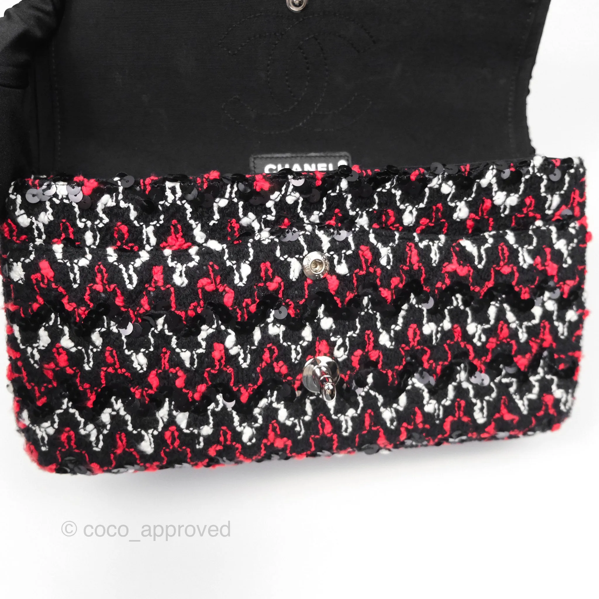 Chanel Shoulder Flap Bag Red/ Black/ White Tweed Sequins Silver Hardware