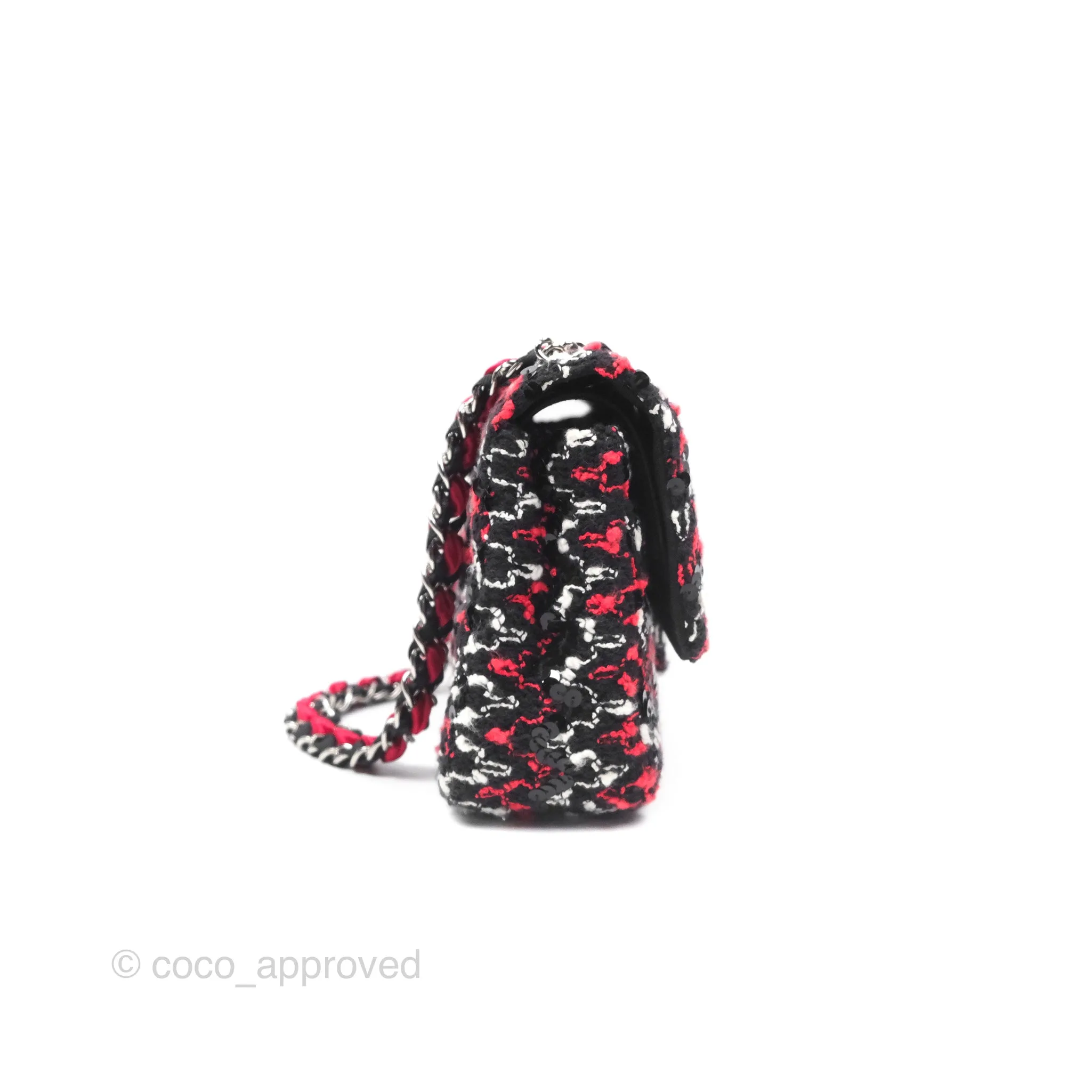 Chanel Shoulder Flap Bag Red/ Black/ White Tweed Sequins Silver Hardware