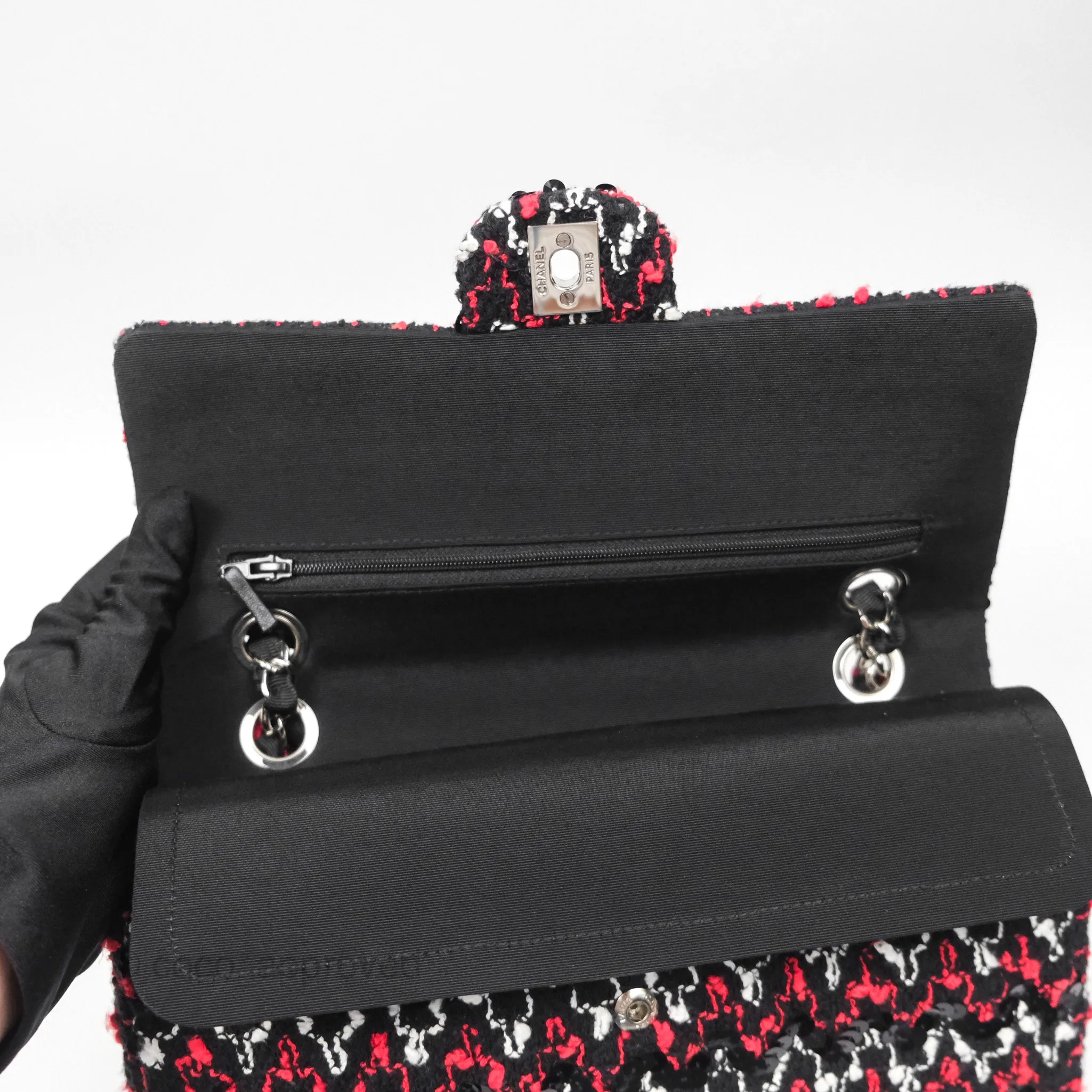 Chanel Shoulder Flap Bag Red/ Black/ White Tweed Sequins Silver Hardware