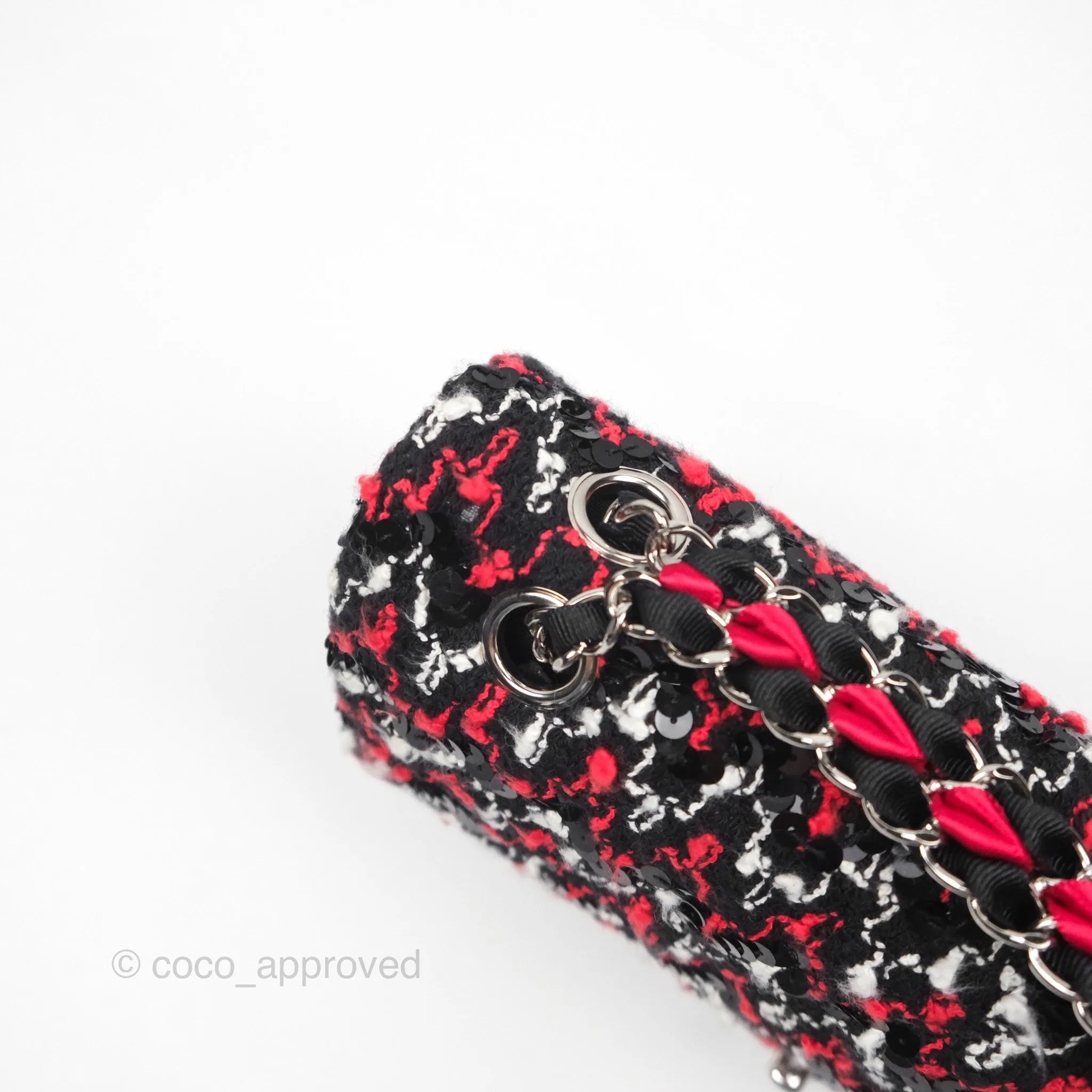 Chanel Shoulder Flap Bag Red/ Black/ White Tweed Sequins Silver Hardware