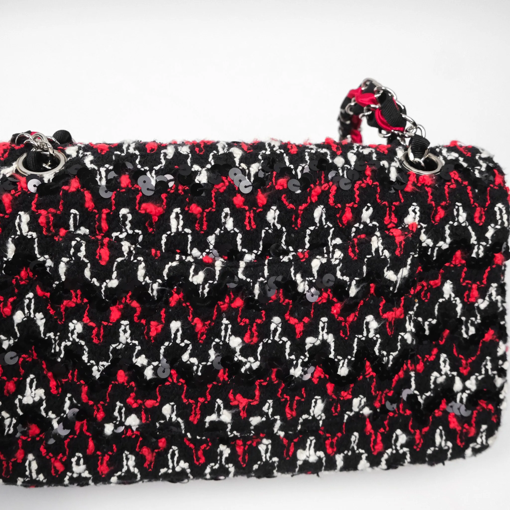 Chanel Shoulder Flap Bag Red/ Black/ White Tweed Sequins Silver Hardware