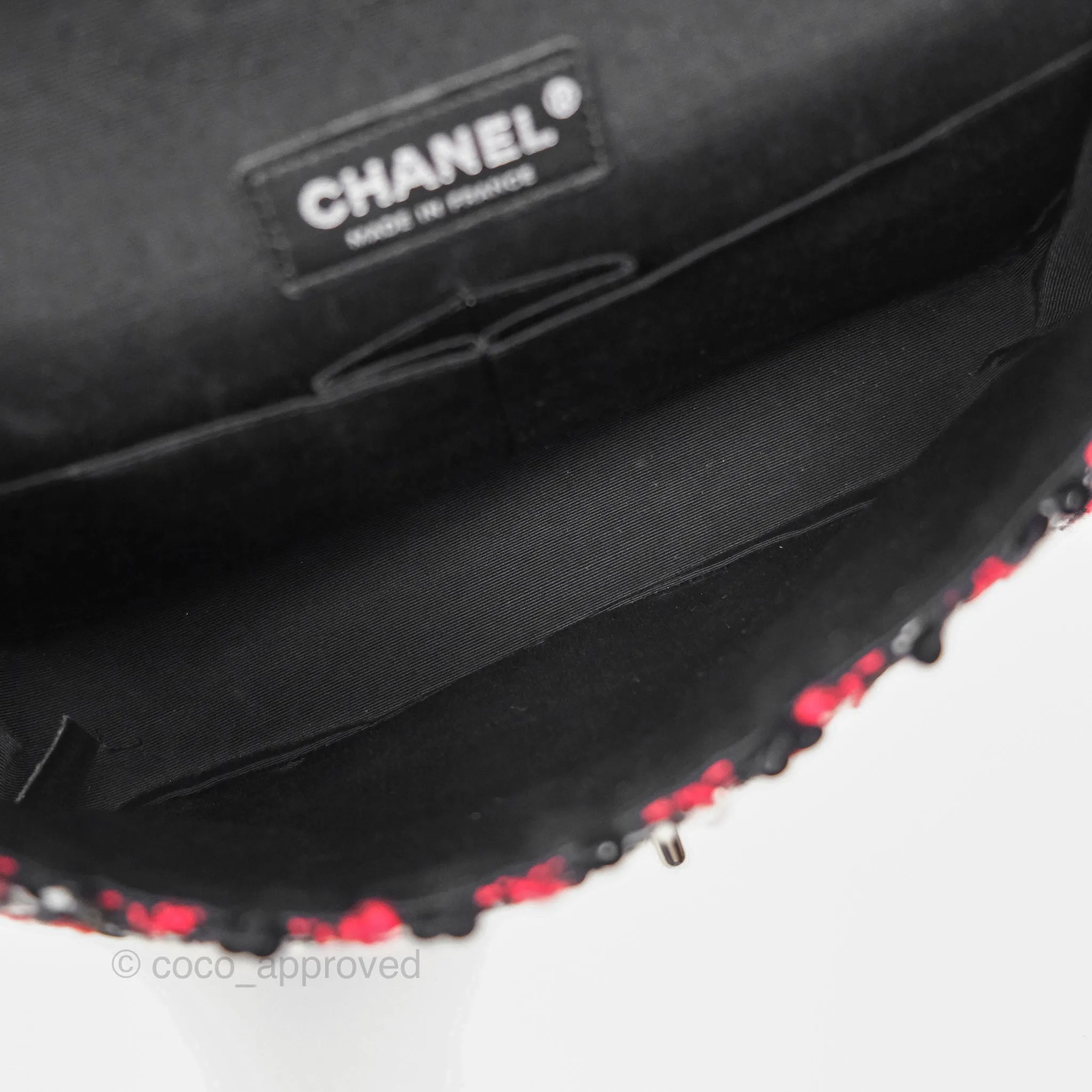 Chanel Shoulder Flap Bag Red/ Black/ White Tweed Sequins Silver Hardware