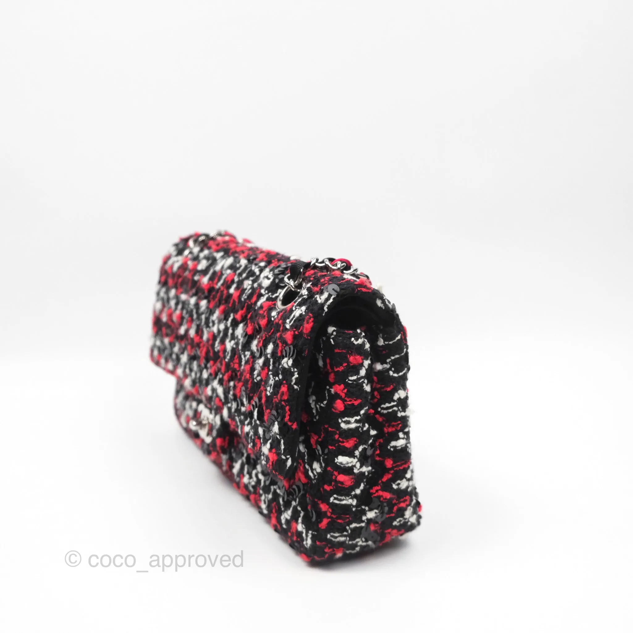 Chanel Shoulder Flap Bag Red/ Black/ White Tweed Sequins Silver Hardware