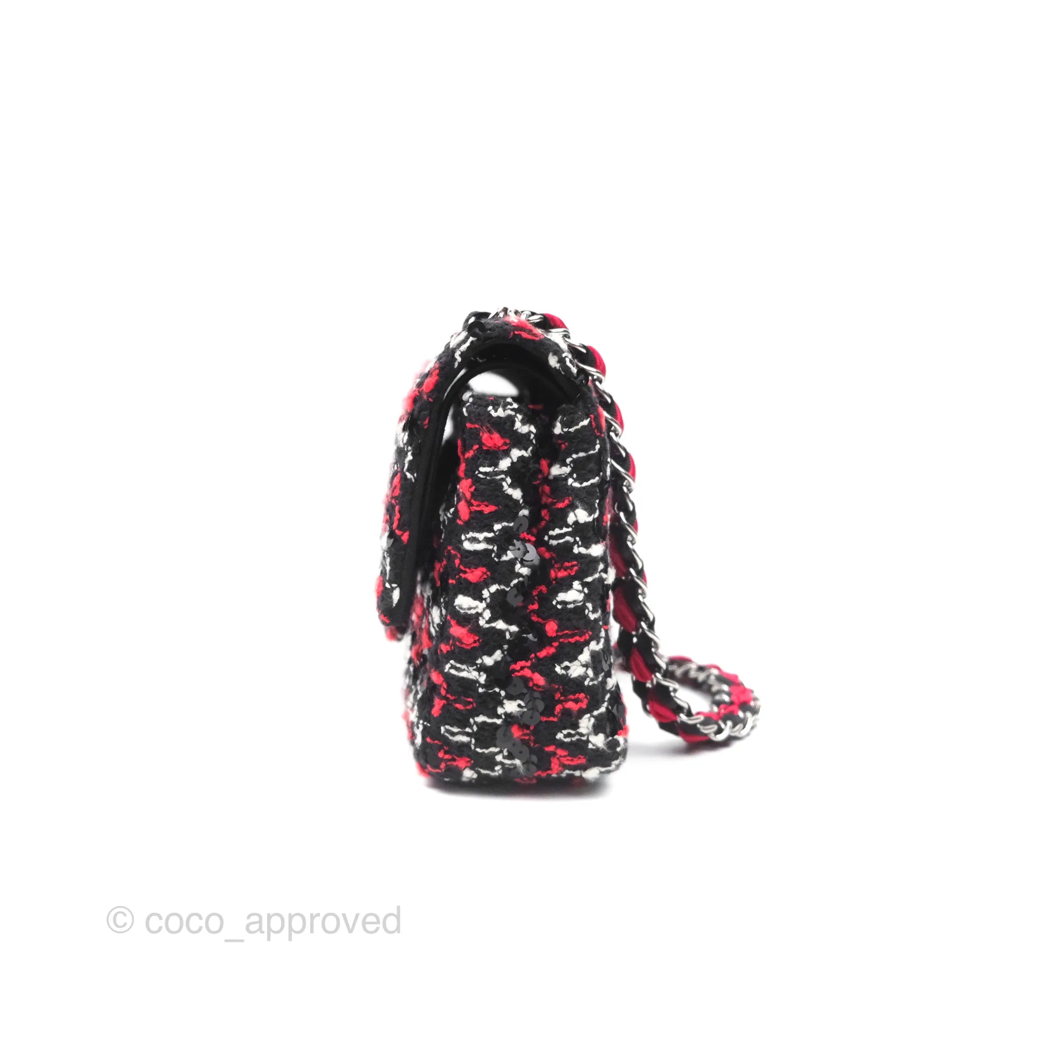 Chanel Shoulder Flap Bag Red/ Black/ White Tweed Sequins Silver Hardware