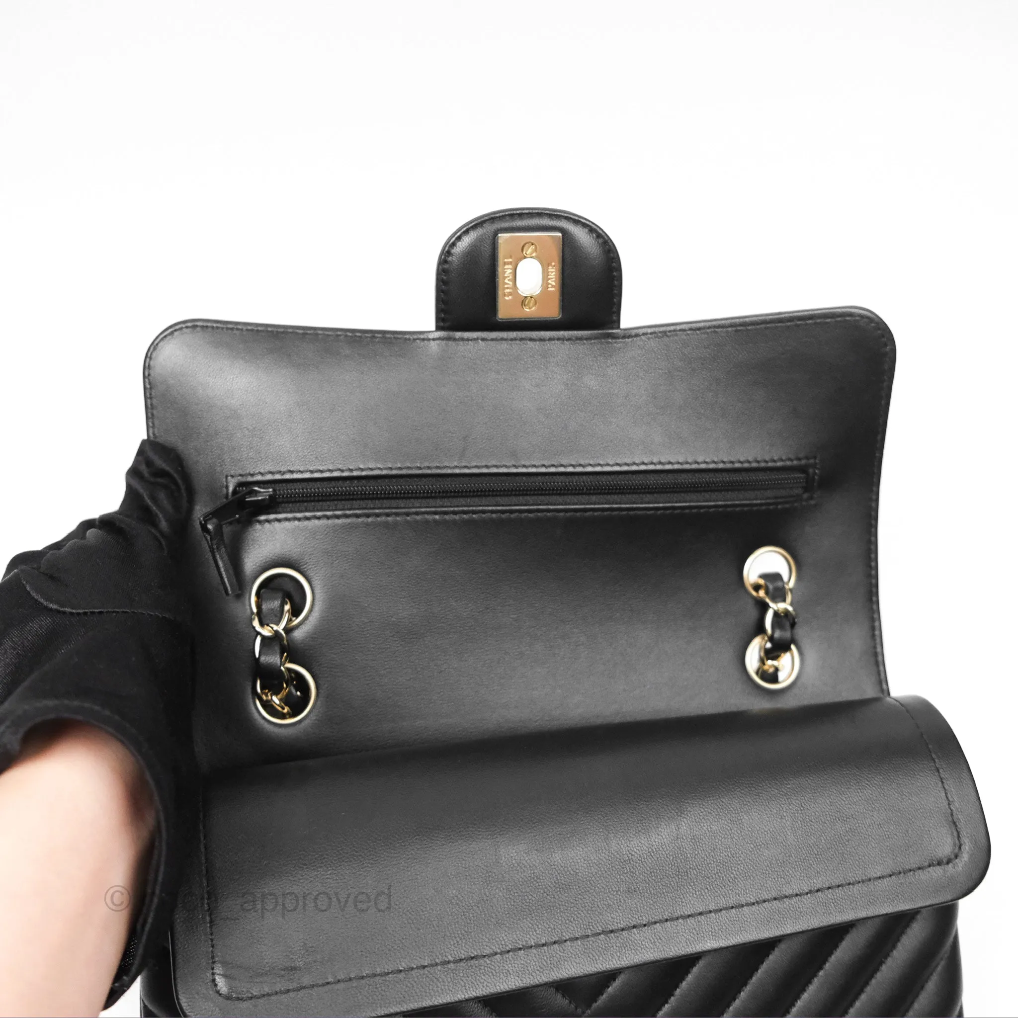Chanel Small Classic Chevron Flap Black Lambskin Gold Hardware